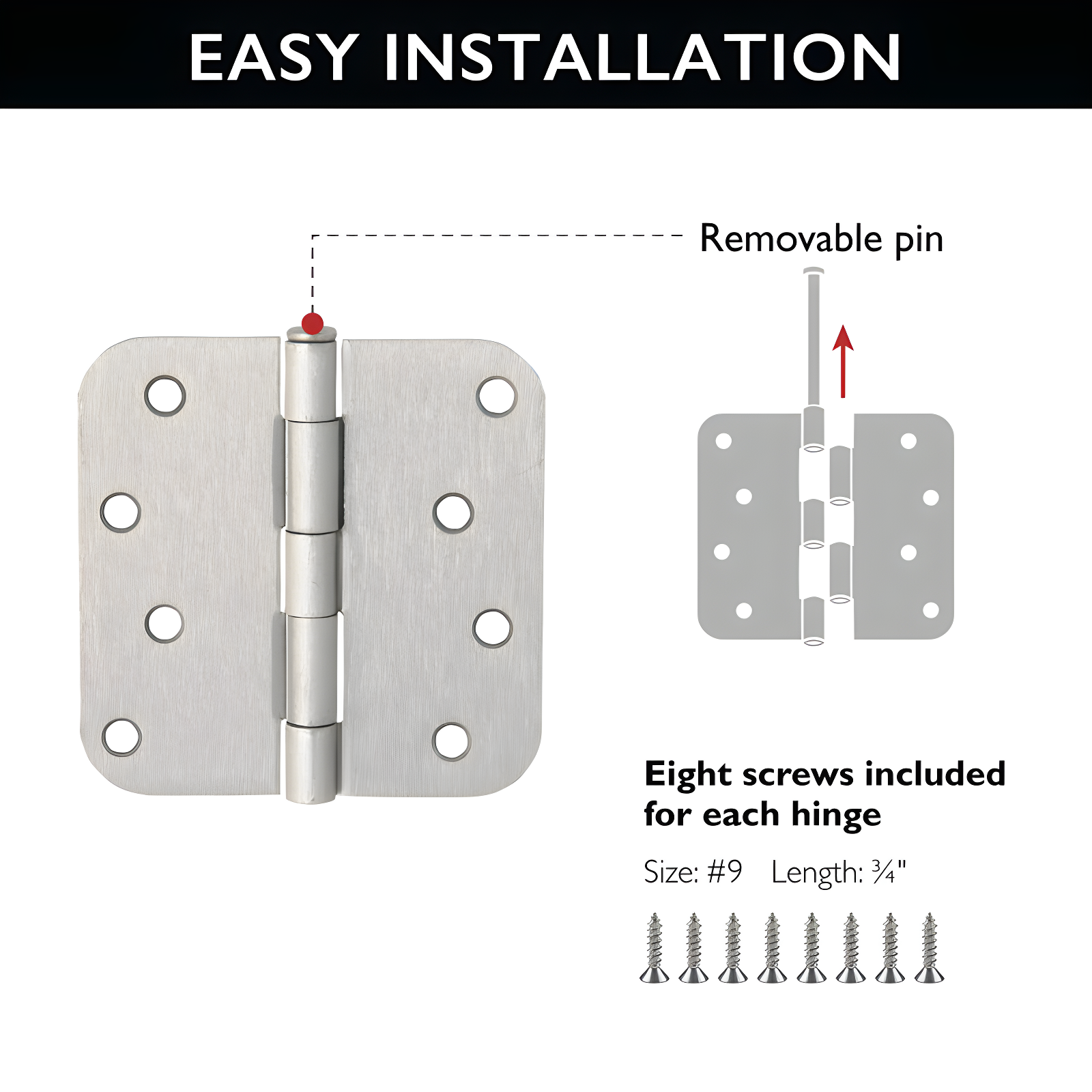 Design House Door Hinge 4-Inch, 5/8-inch Radius, 3-Pack (Set of 3)
