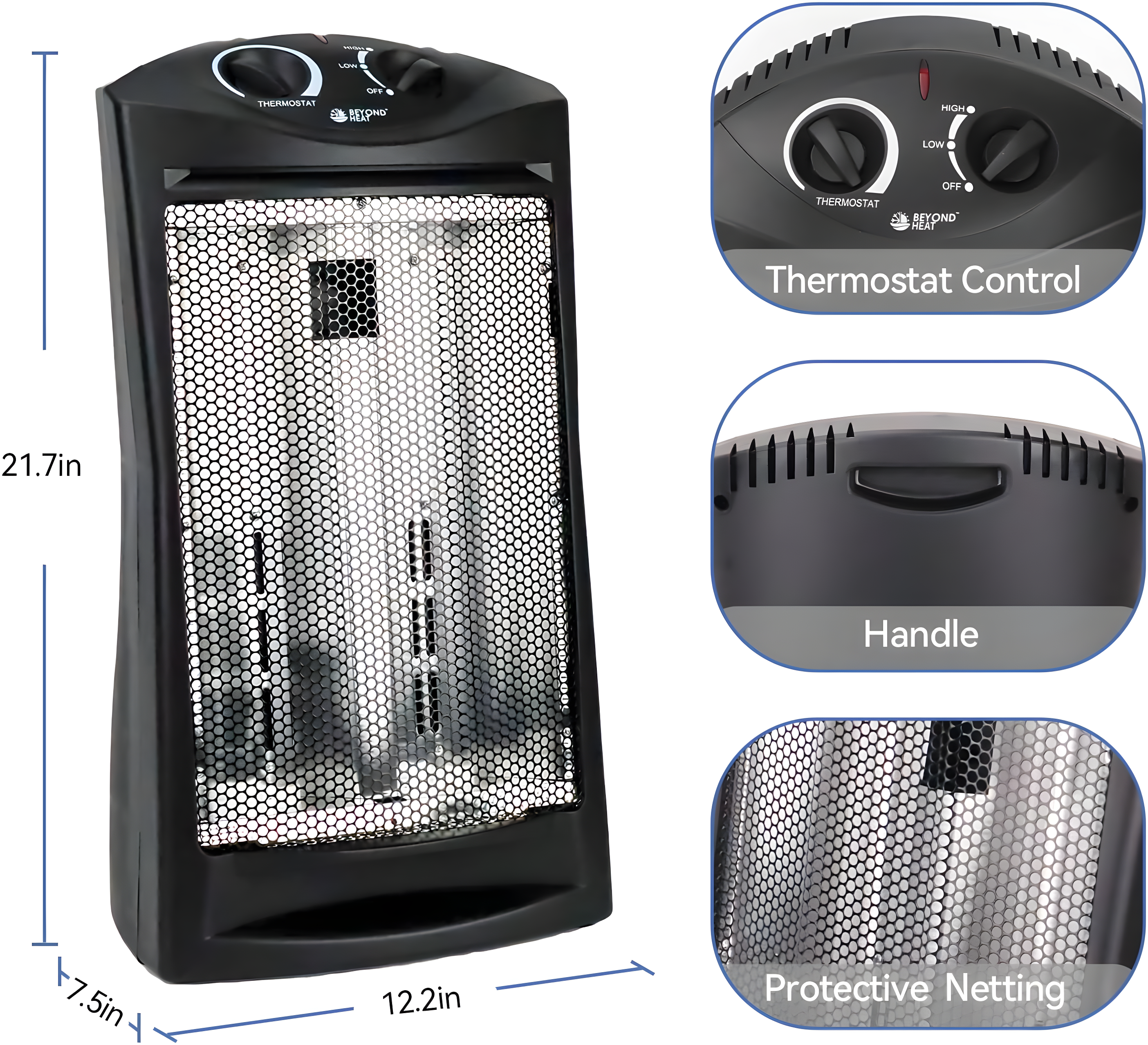 BEYOND HEAT 1500 Watt Electric Quartz Infrared Radiant Tower Heater, Portable Space Heater with Tip-Over and Overheat Protection, Quiet and Safe for Office Indoor Use Home Bedroom