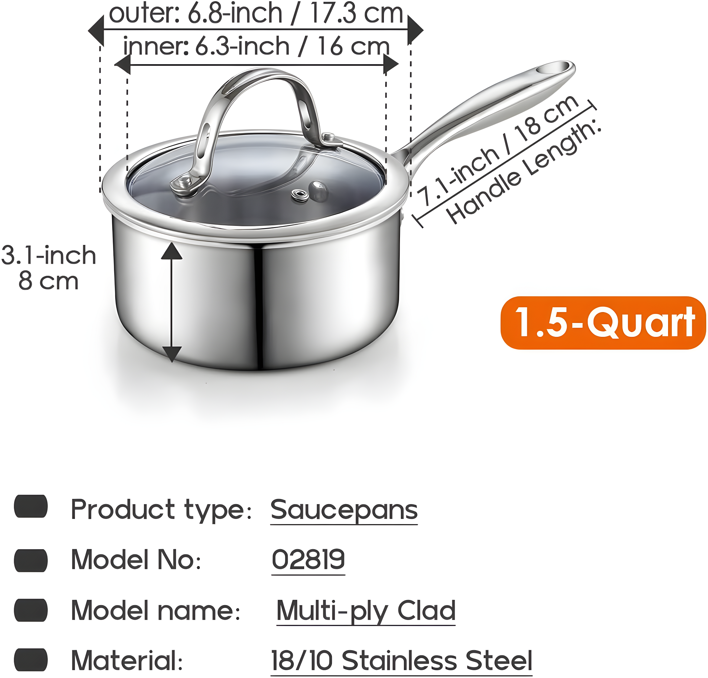 Cooks Standard Stainless Steel Saucepan With Lid, Multi-ply Clad Sauce Pot 3 Quart, Silver