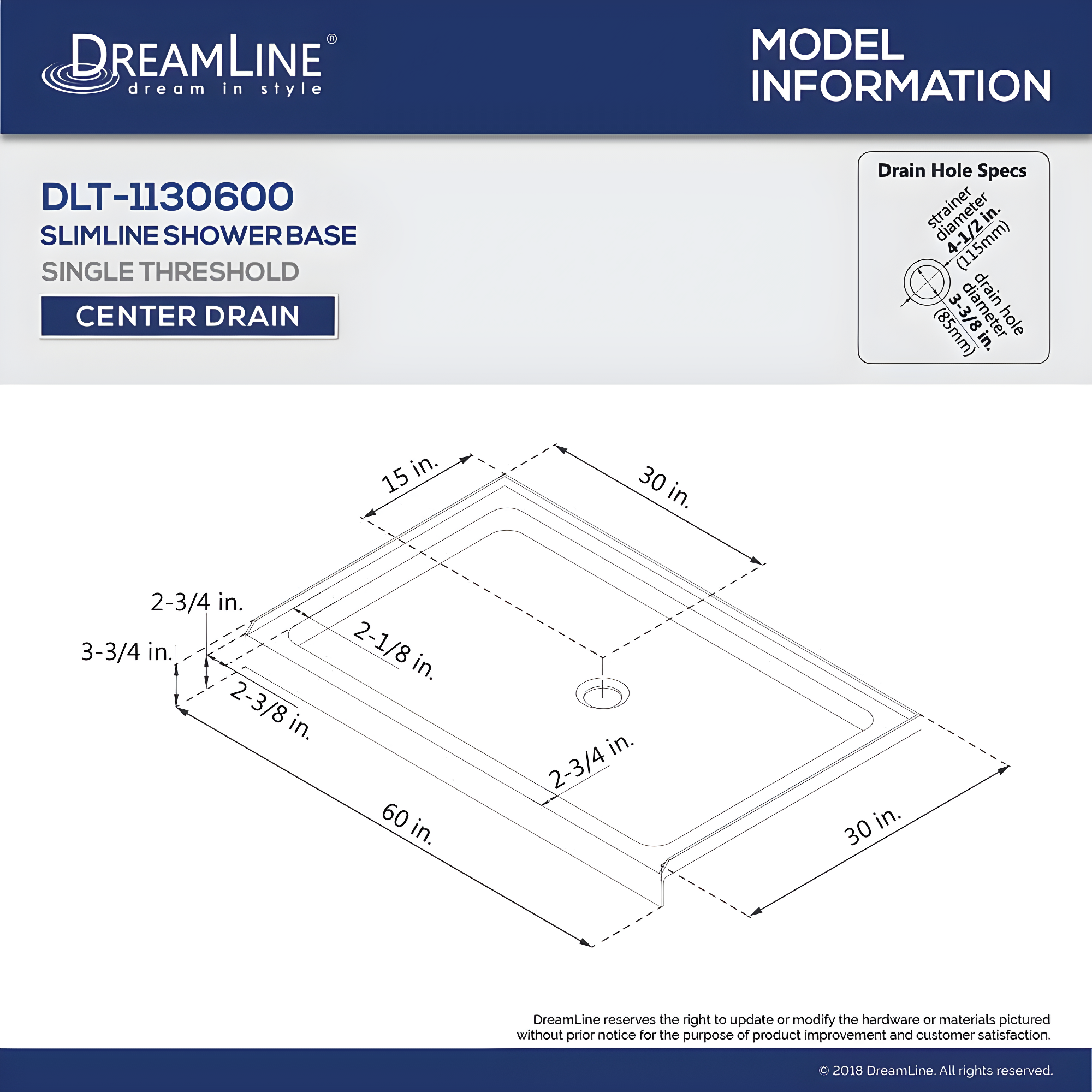 SlimLine 60" x 30" Single Threshold Shower Base