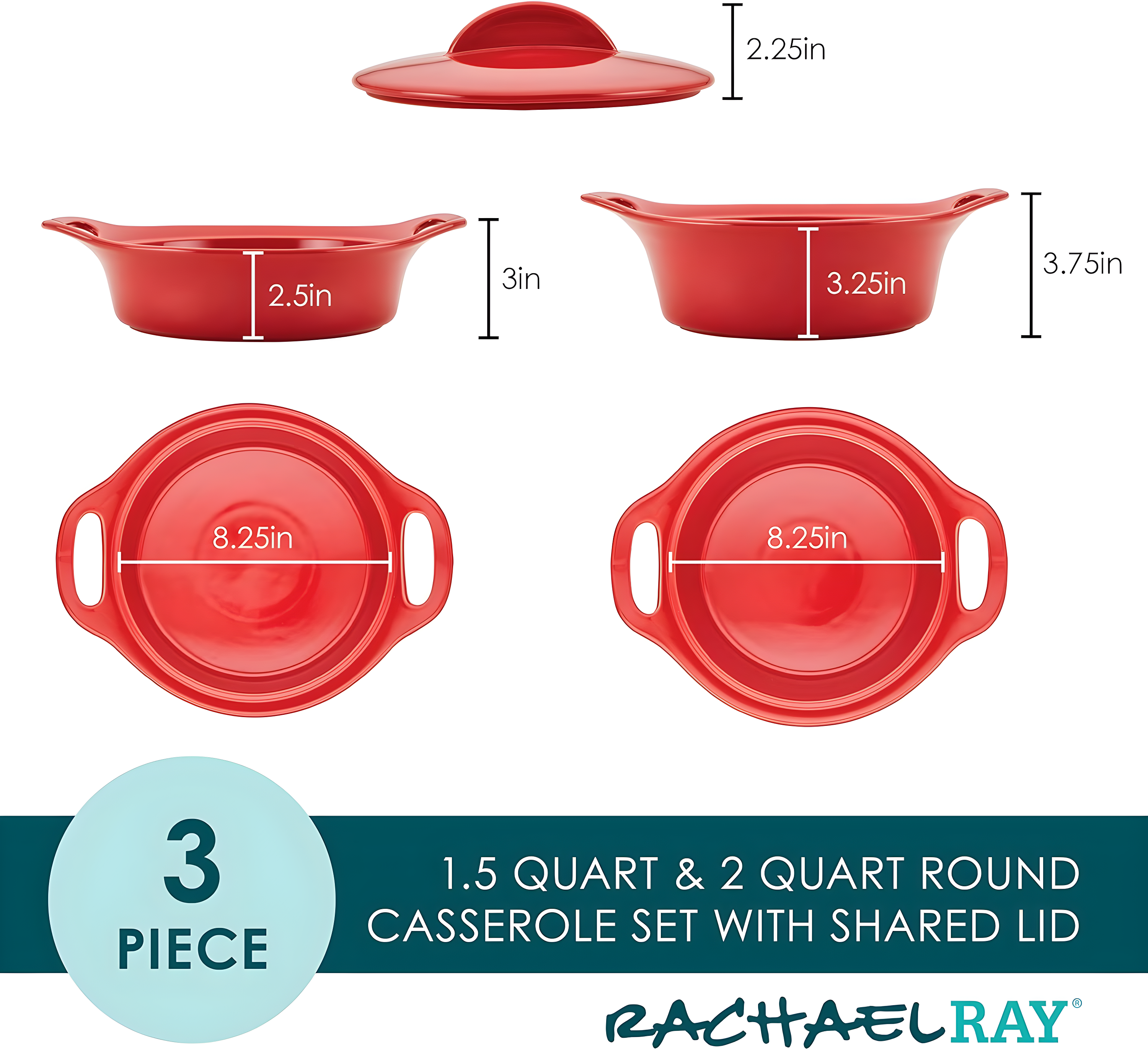 Rachael Ray Rachael Ray Ceramic Casserole Bakers Set, Includes 1.5-Quart And 2-Quart Round Casserole, With Shared Lid, 3 Piece, Red