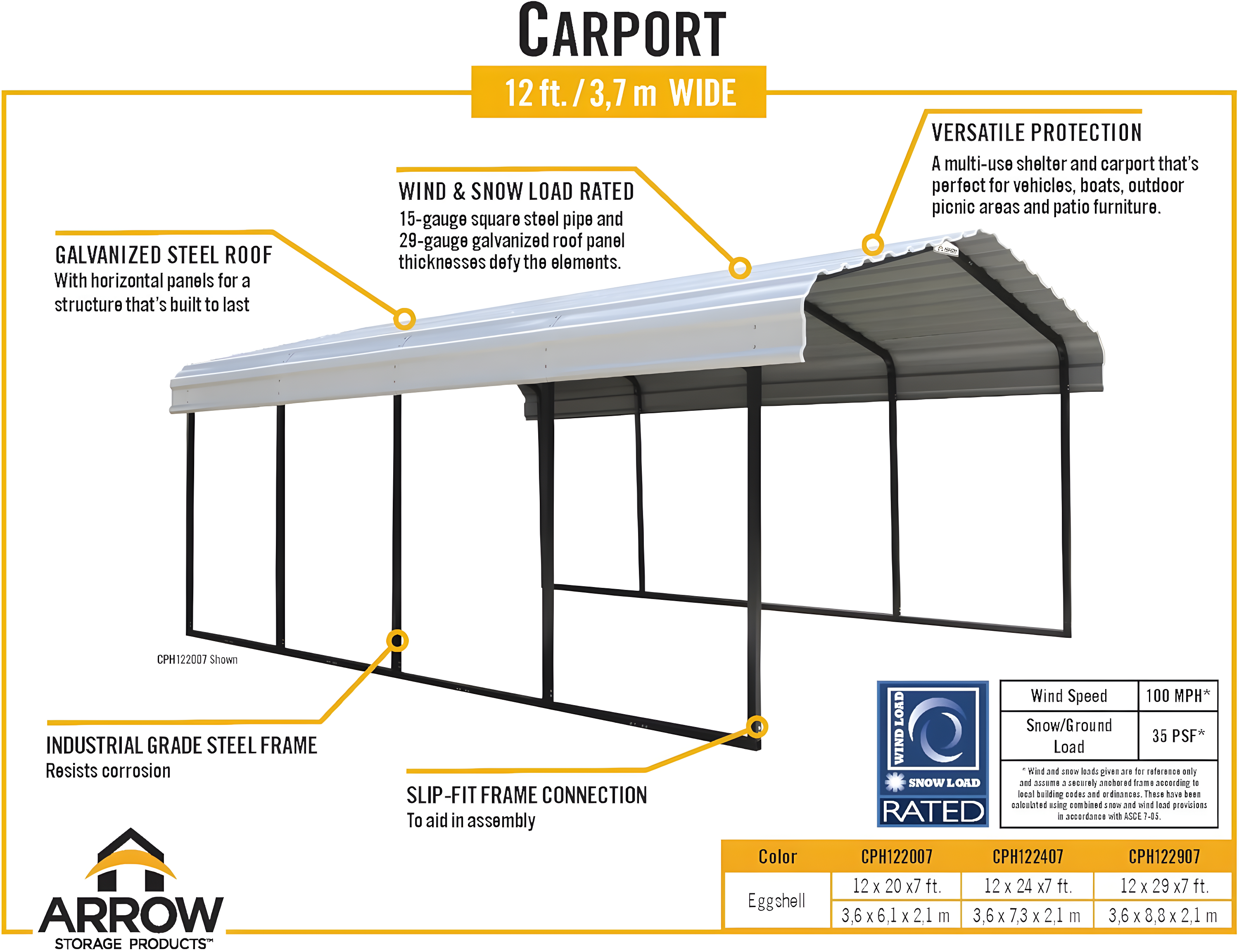 Arrow Steel Carport, 12 ft. x 20 ft. x 7 ft. Galvanized Black/Charcoal