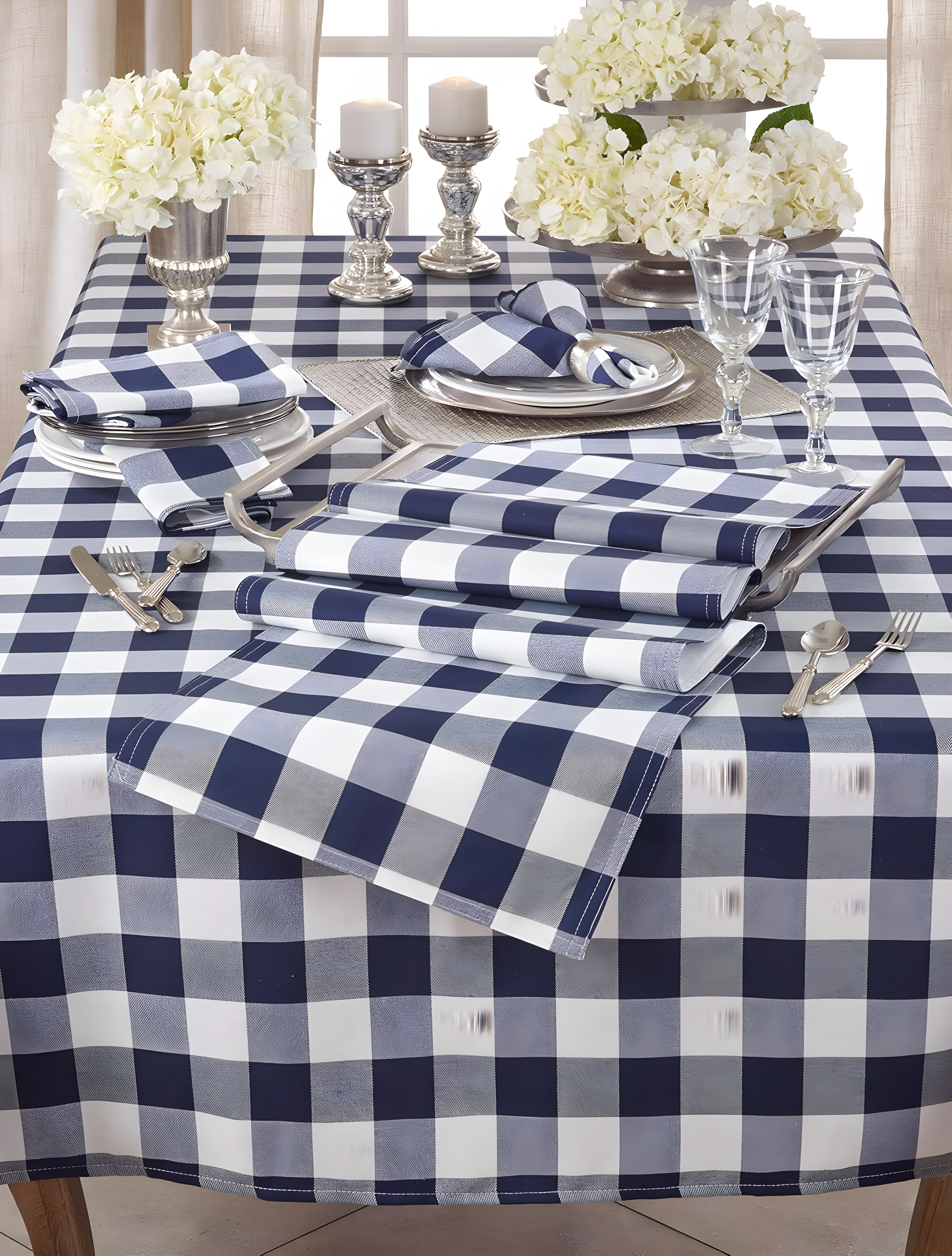 SARO LIFESTYLE Cotton Blend Buffalo Plaid Tablecloth, 70" x 180", Navy Blue