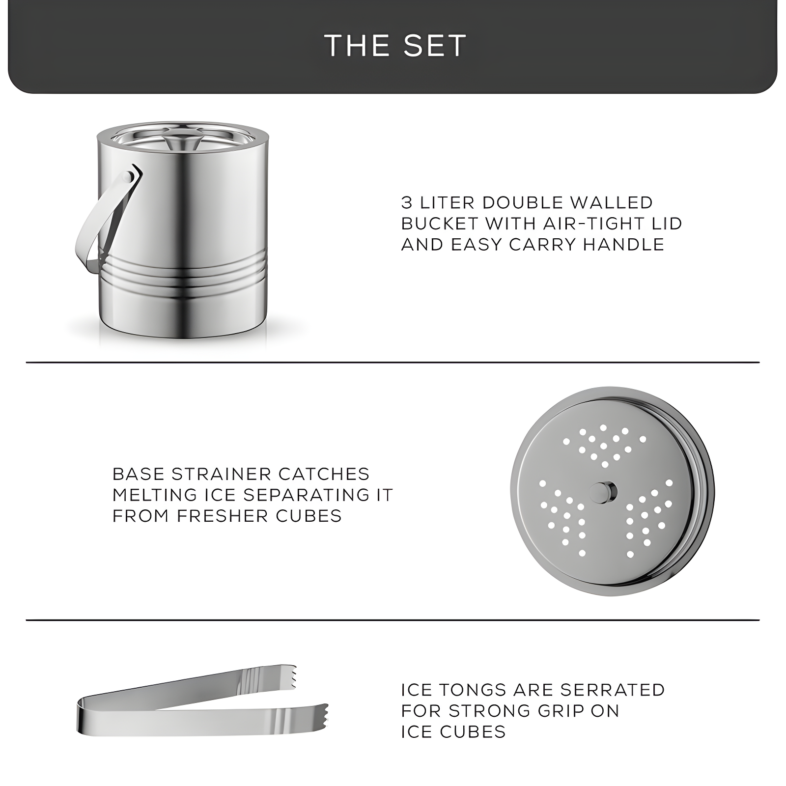 JoyJolt JoyJolt Double Wall Stainless Steel Ice Bucket with Strainer and Tongs, 3-Liters