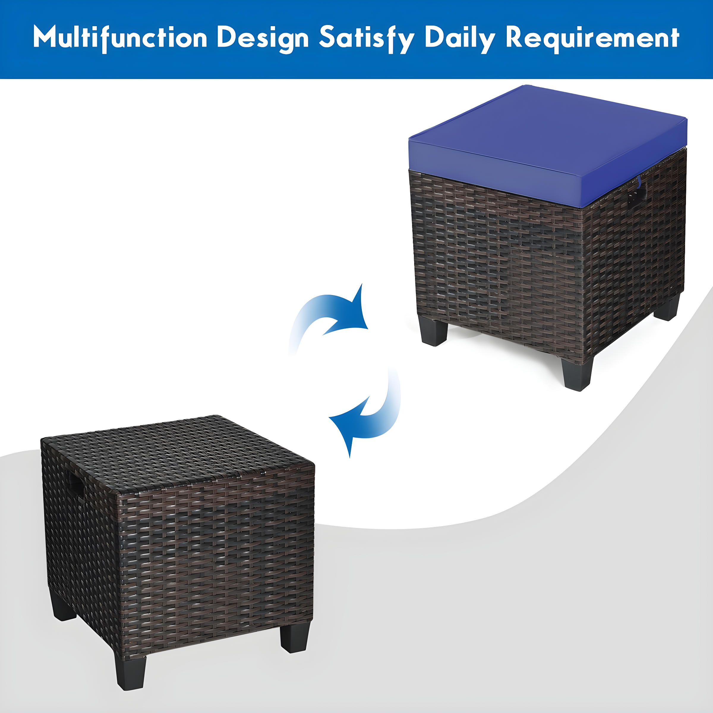 Outdoor Cushioned Rattan Wicker Ottomans (Set of 2) Navy