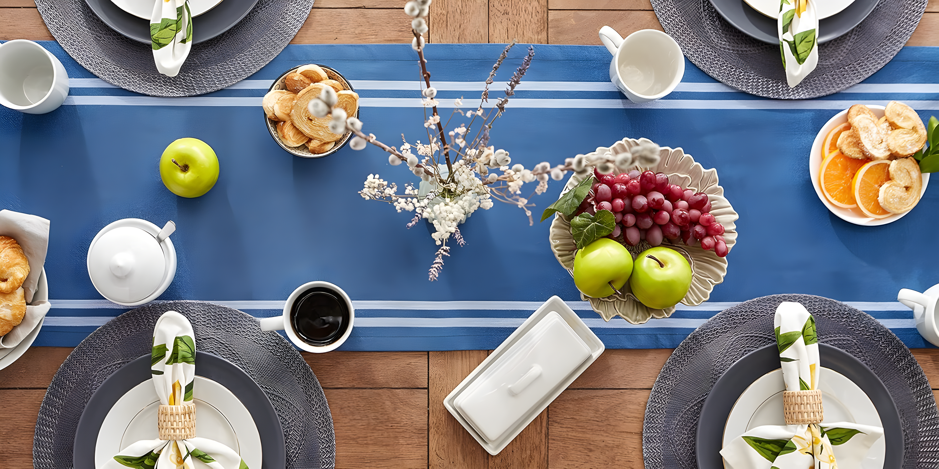 Design Imports  French Stripe Table Runner, Blue Chambray, 14X108"