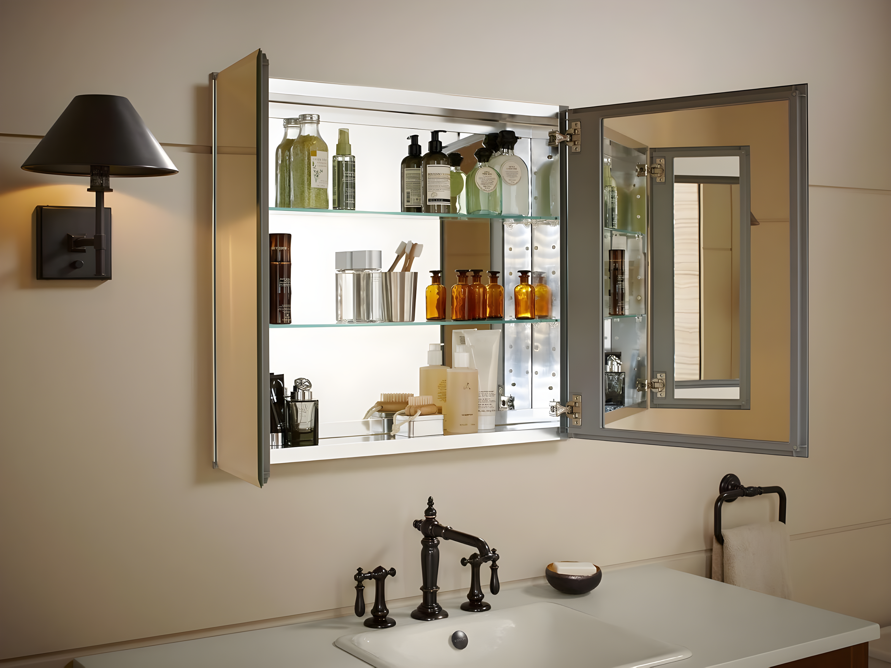 CLC Aluminum Two-Door Medicine Cabinet With Mirrored Doors, Beveled Edges