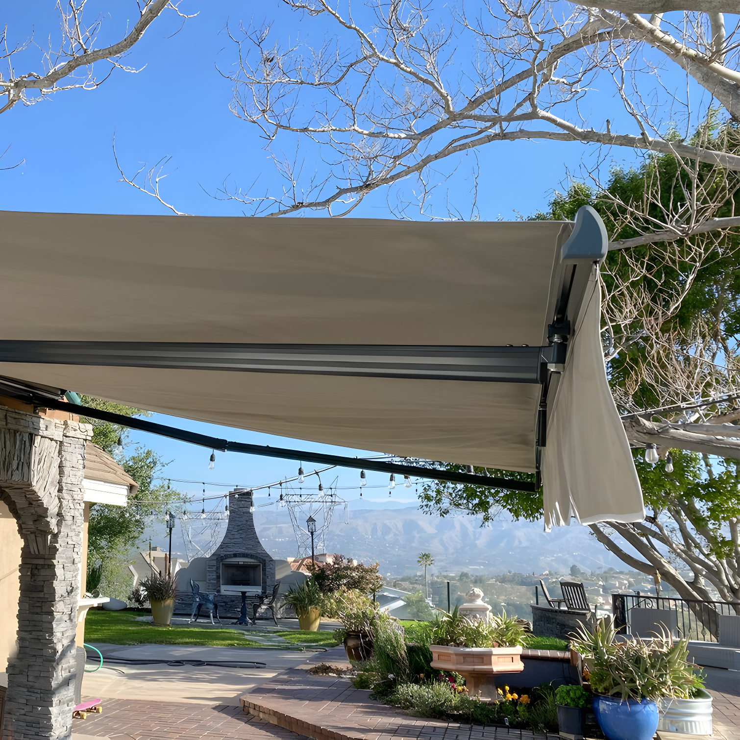 Motorized Retractable White Frame Patio Awning