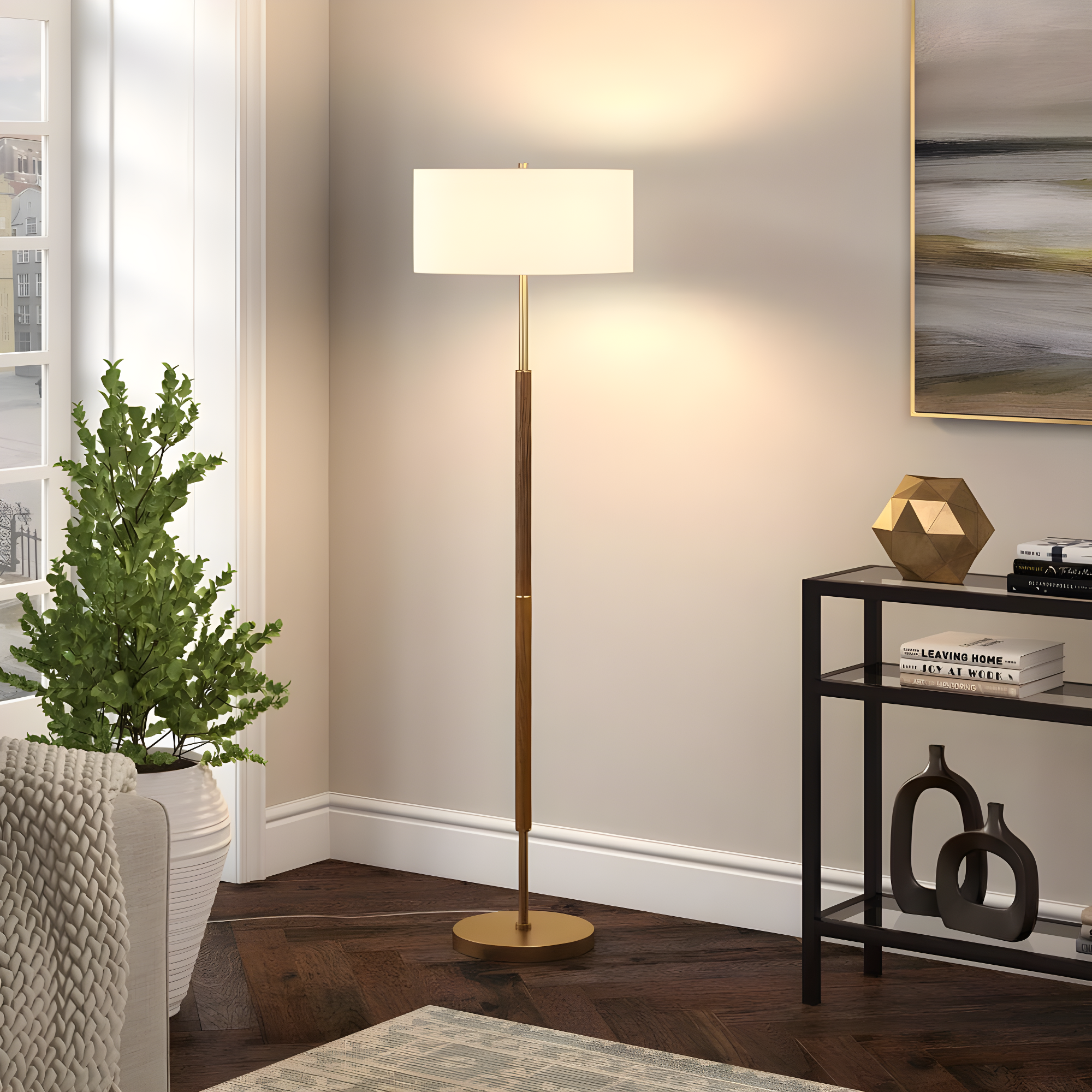 Evelyn&Zoe Contemporary Rustic Oak and Brass 2-Bulb Floor Lamp