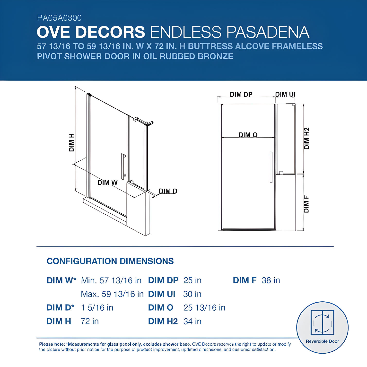 Endless Pasadena 59" W x 72" H Buttress Alcove Shower Kit, Door, Panel