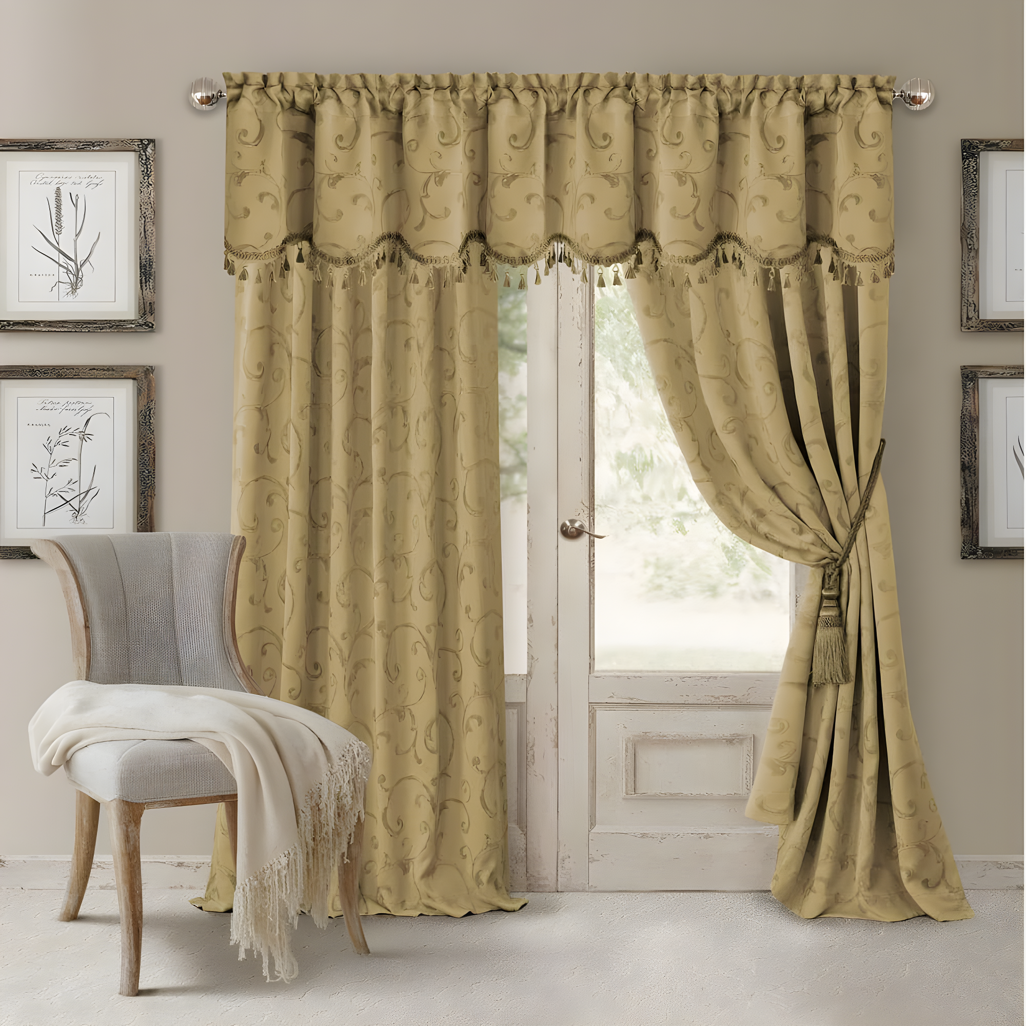 Mia Jacquard Scroll Blackout Window Curtain Panel - 52" x 95" - Gold - Elrene Home Fashions