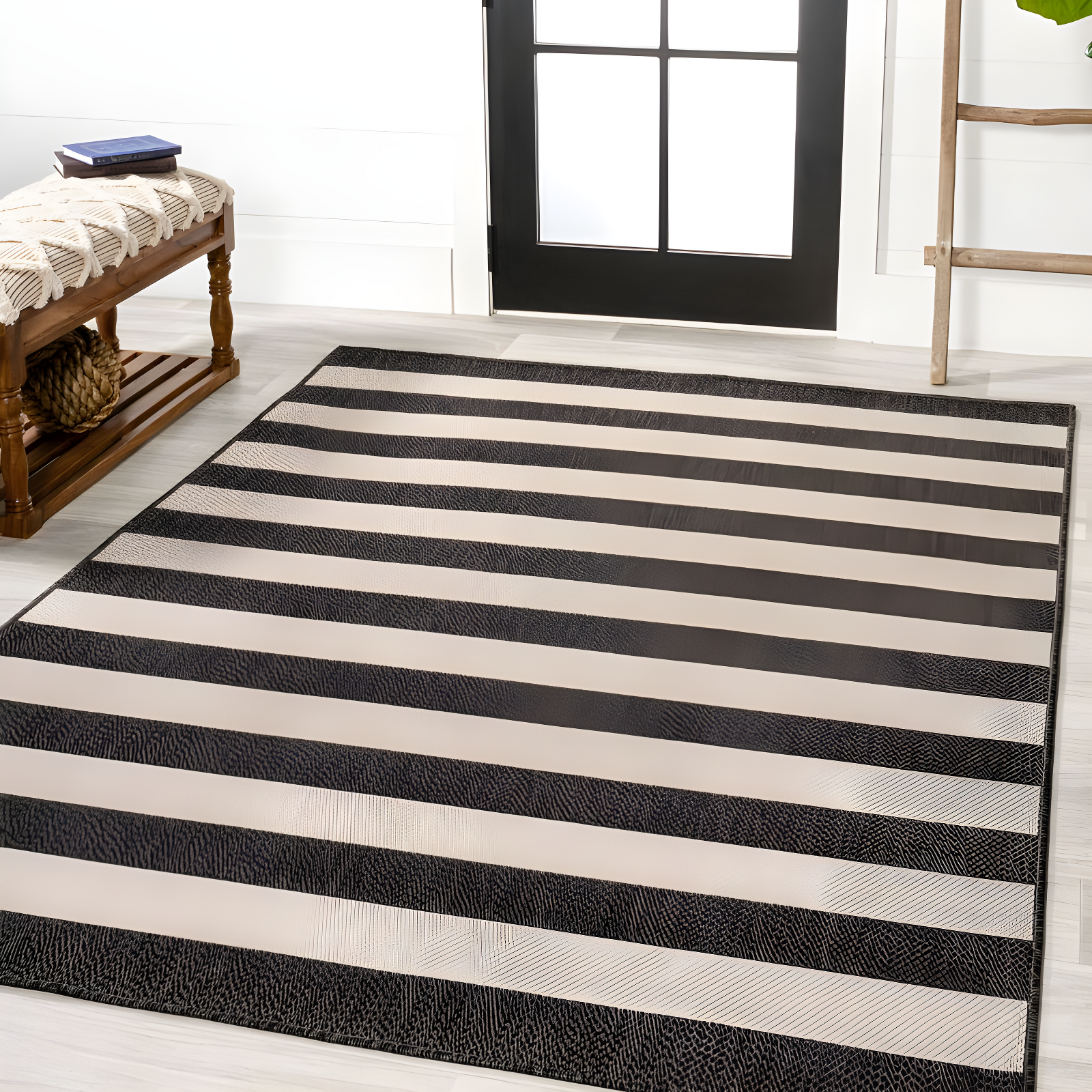 3' x 5' Negril Two-Tone Wide Stripe Indoor/Outdoor Area Rug, Black/Beige - JONATHAN Y