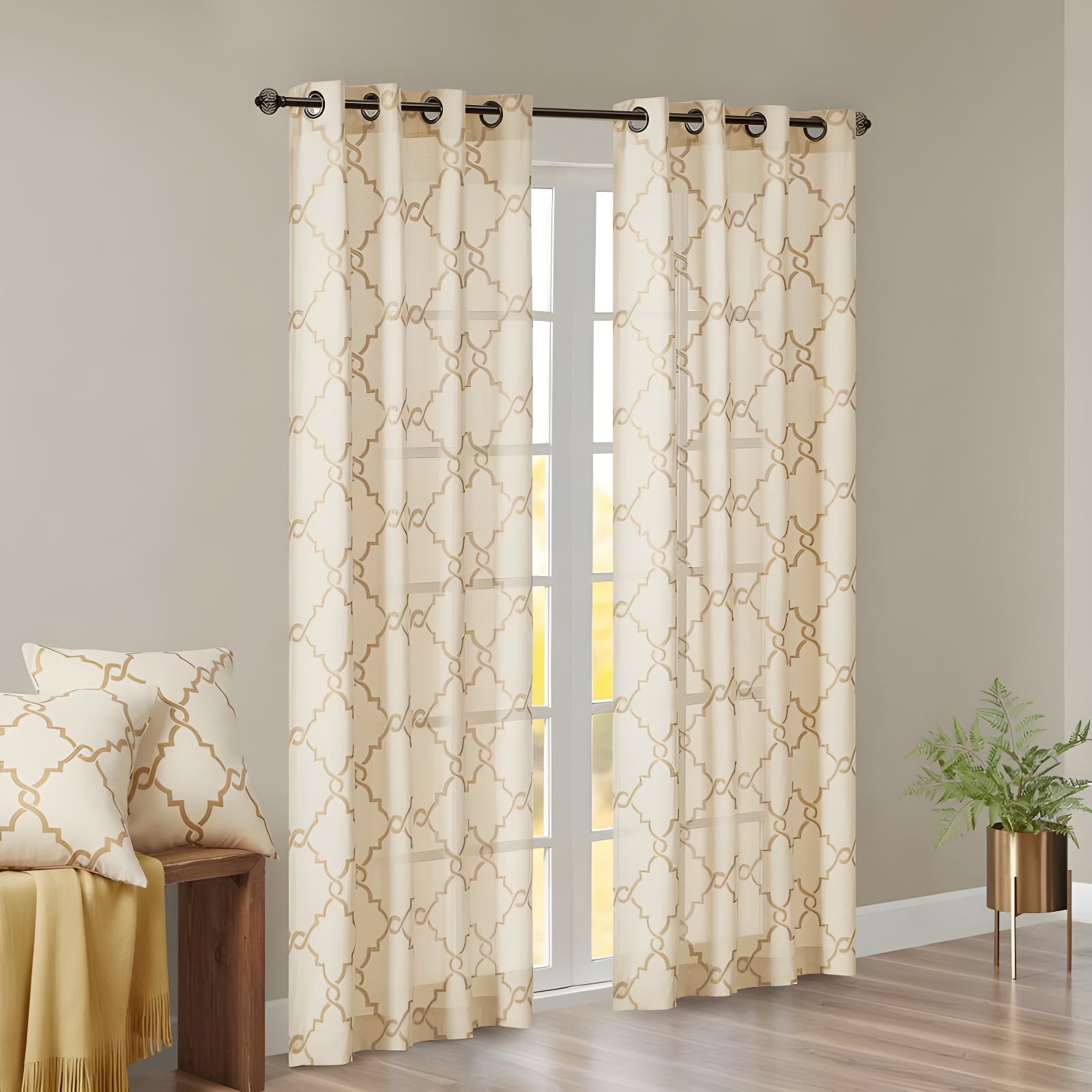 Fretwork Print Grommet Top Window Curtain Panel
