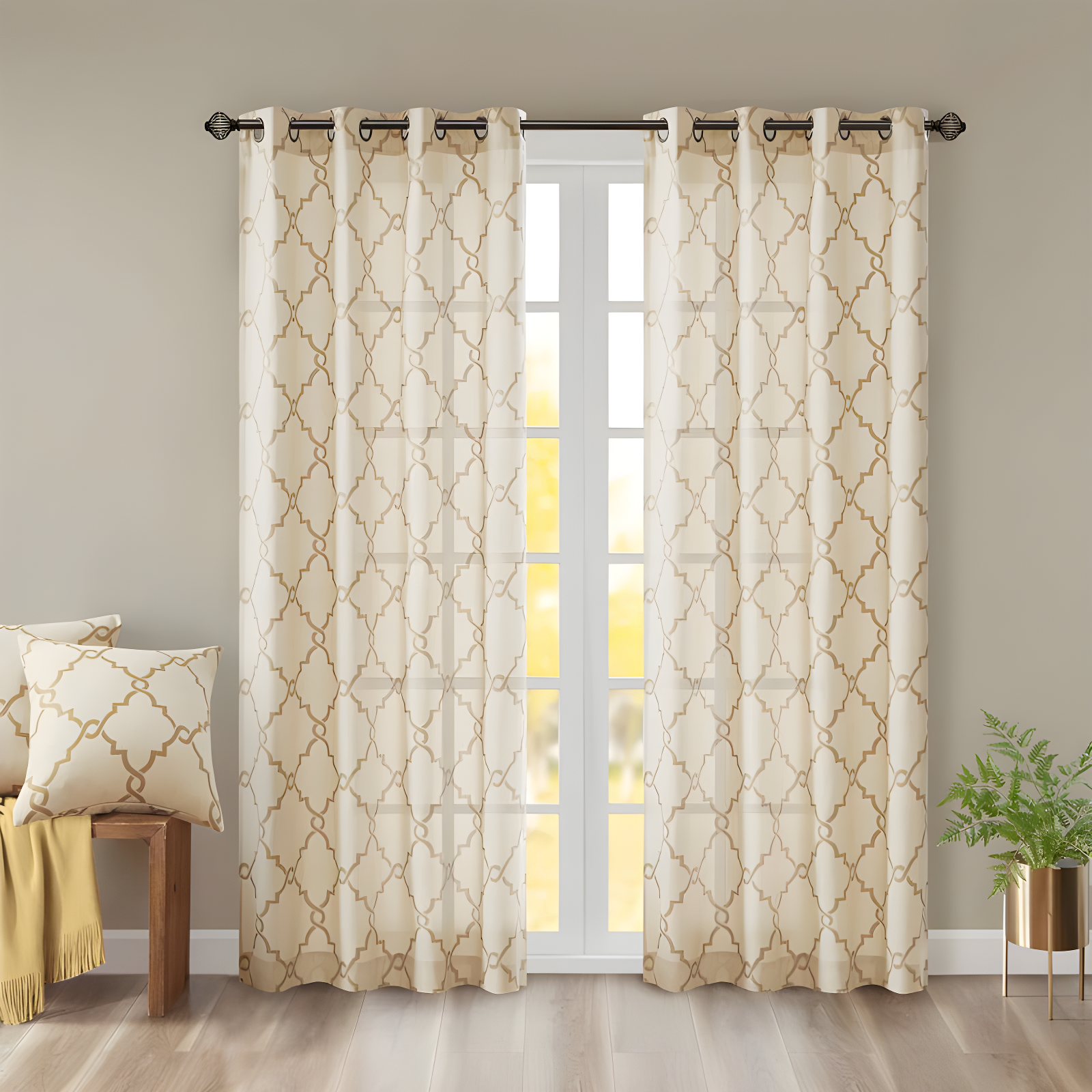 Fretwork Print Grommet Top Window Curtain Panel