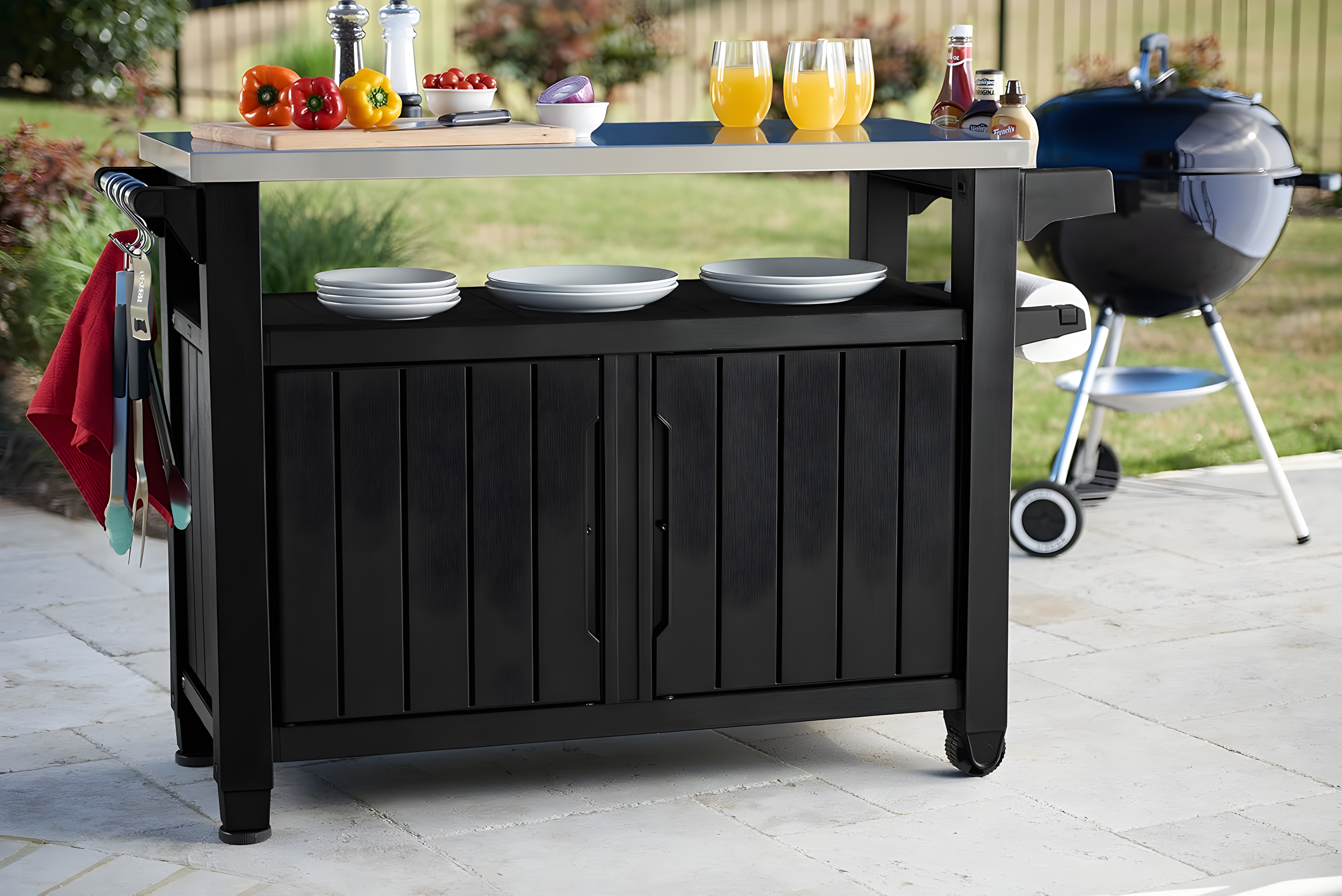 Keter Unity XL Outdoor Durable Kitchen Rolling Bar Cart with Storage Cabinet, Graphite