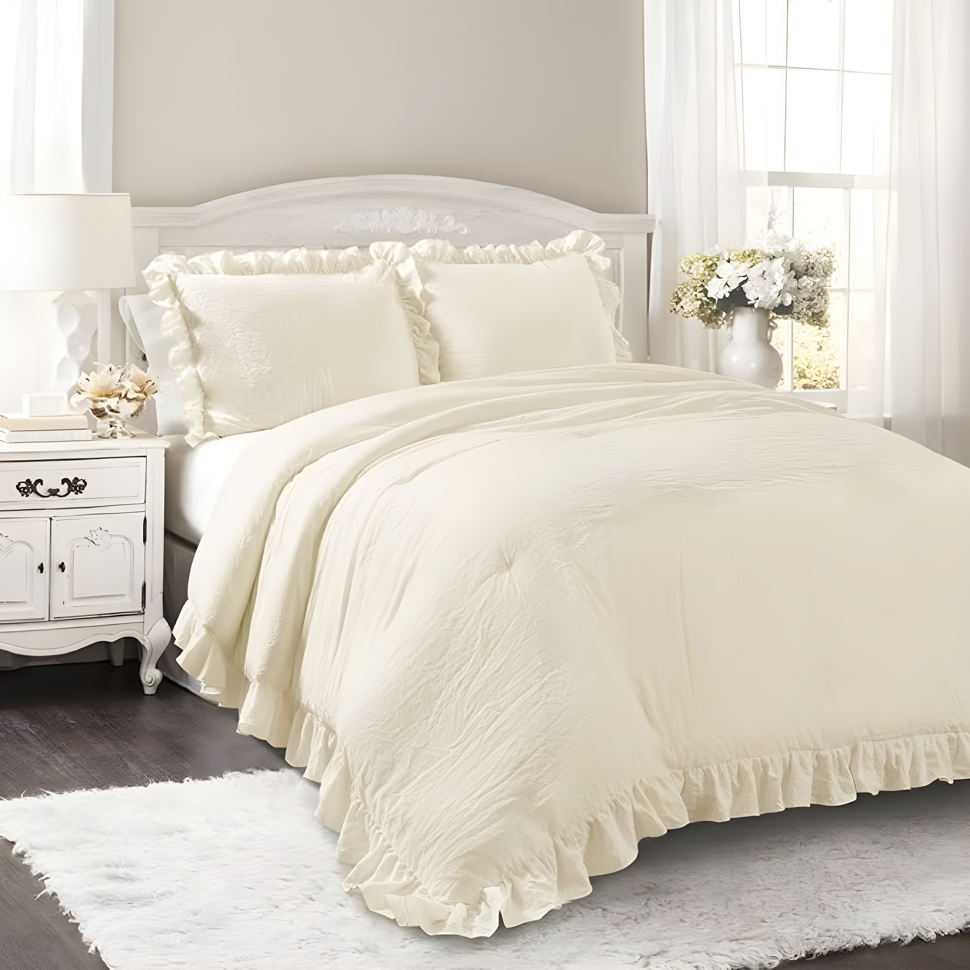 Lush Décor 3pc King Reyna Comforter Set White: Microfiber, Ruffled, OEKO-TEX Certified