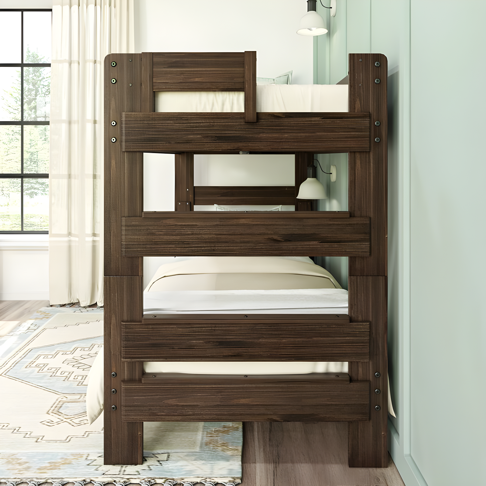 Max & Lily Twin over Twin Bunk Bed, Farmhouse Solid Wood Bunk Beds for Kids, Barnwood Brown