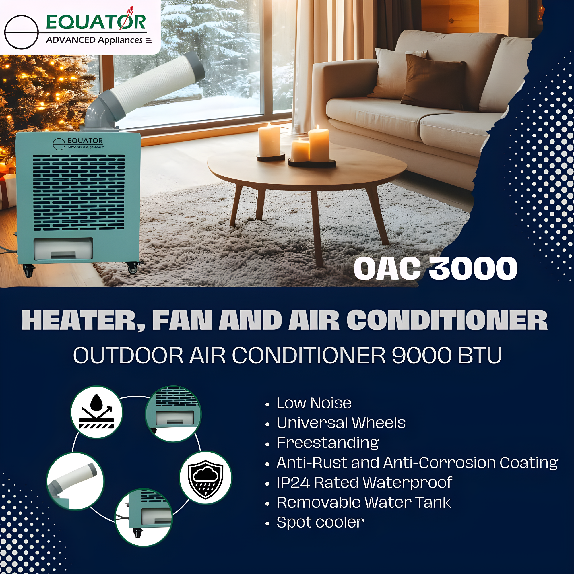 Equator Advanced Appliances Equator 3-in-1 AC Heater Air 9000BTU Outdoor Air Conditioner/ Spot Cooler IP24 Casters 110V
