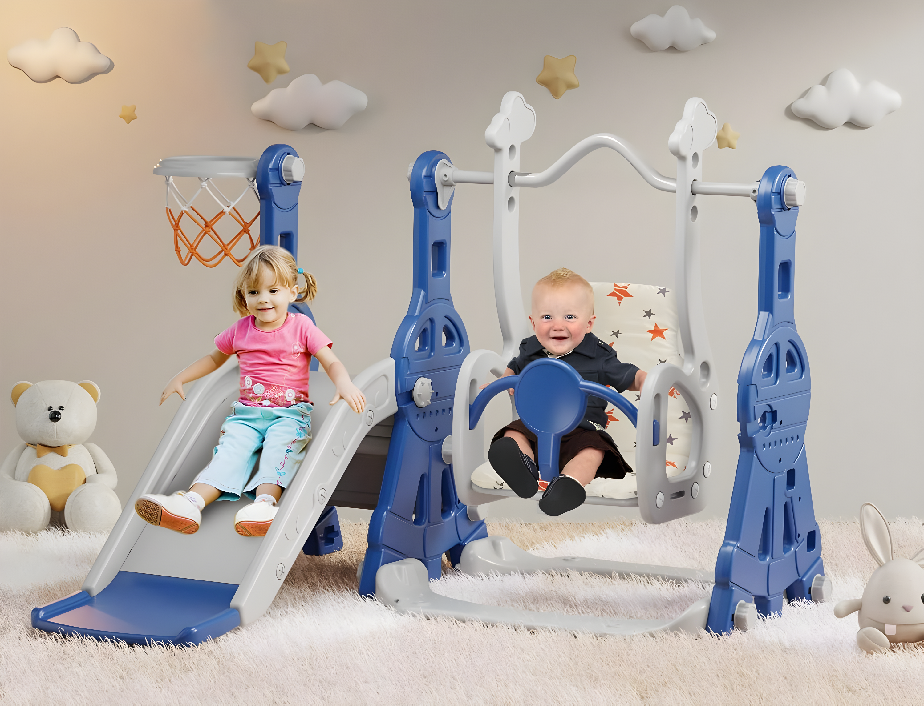 Suteck 4 in 1 Toddler Slide, Kids Slide with Climber and Swing Outdoor Indoor Slide Playset