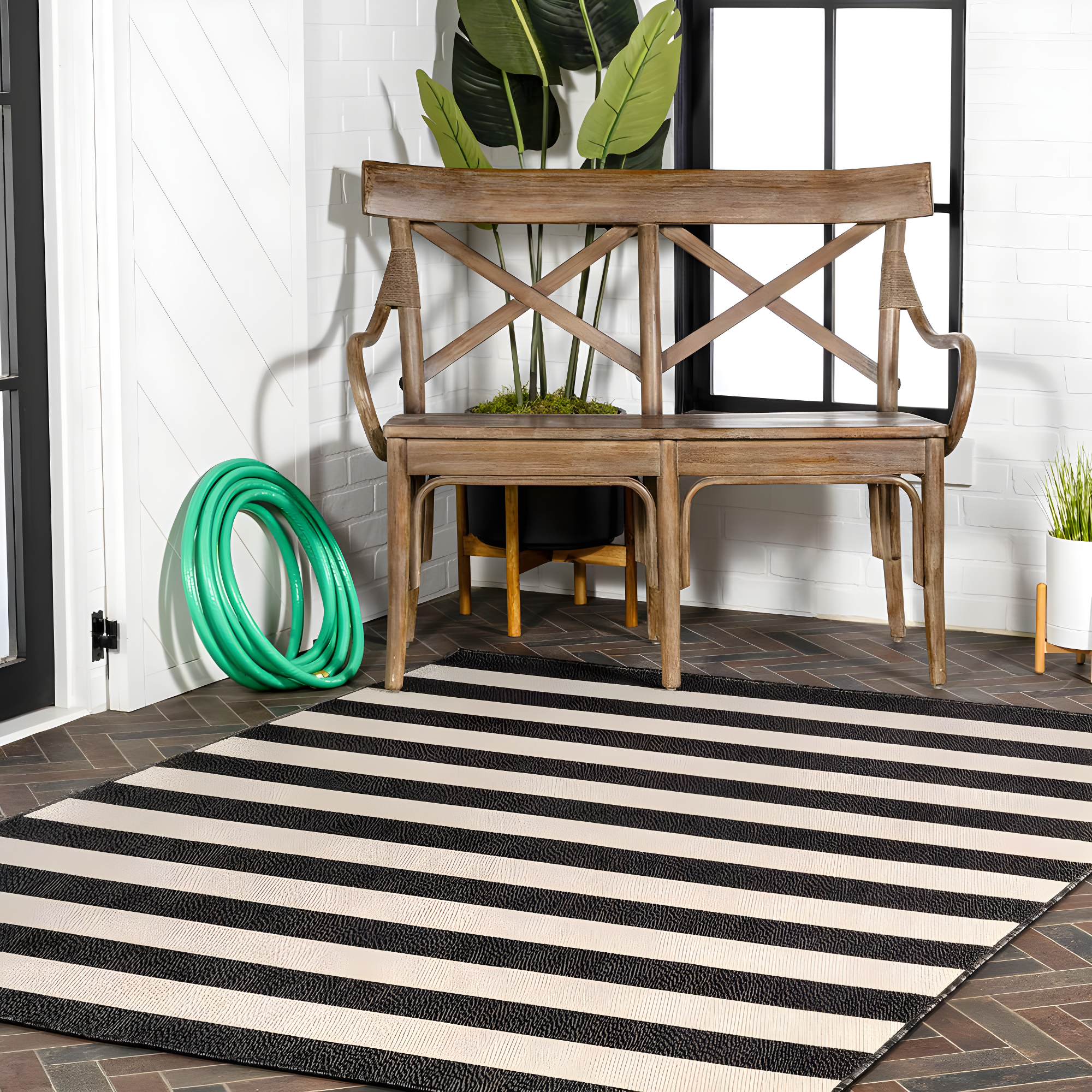 3' x 5' Negril Two-Tone Wide Stripe Indoor/Outdoor Area Rug, Black/Beige - JONATHAN Y