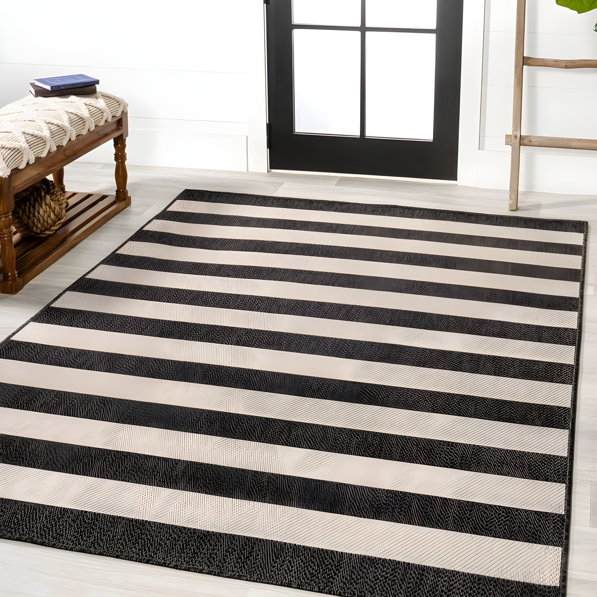 3' x 5' Negril Two-Tone Wide Stripe Indoor/Outdoor Area Rug, Black/Beige - JONATHAN Y