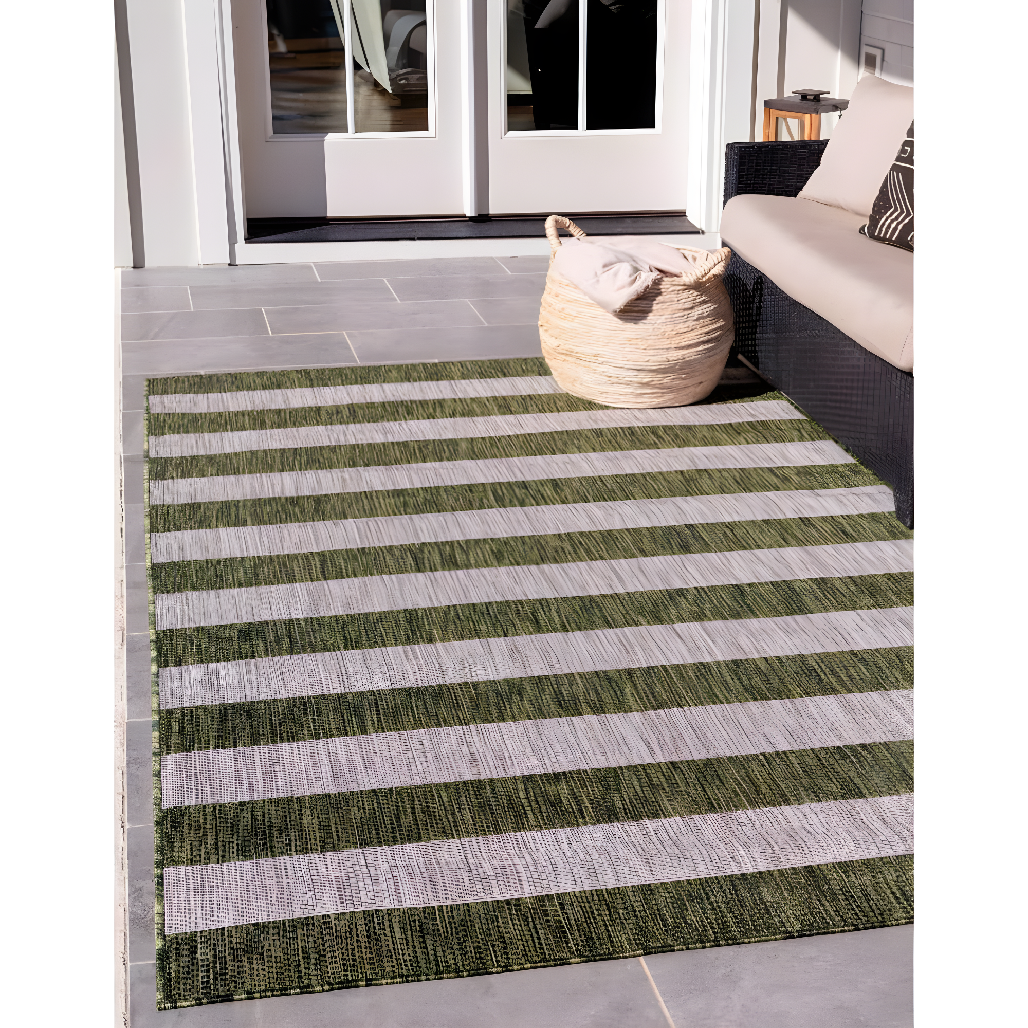 Unique Loom Outdoor Striped Collection Area Rug - Distressed Stripe (5' 1" x 8' Rectangle Green/Gray)