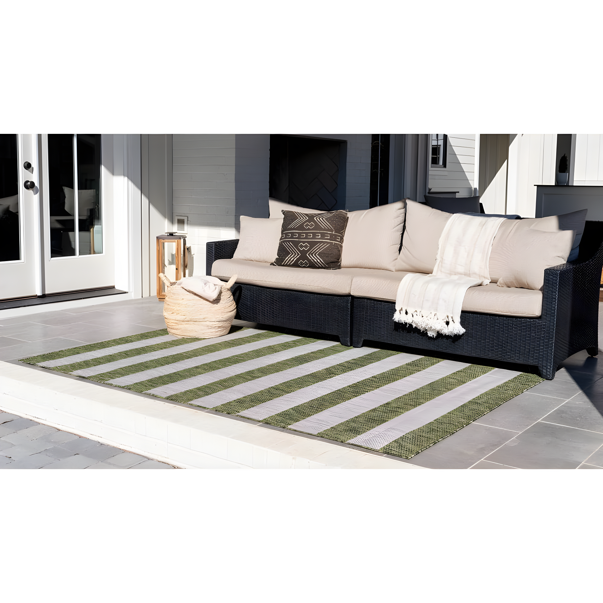 Unique Loom Outdoor Striped Collection Area Rug - Distressed Stripe (5' 1" x 8' Rectangle Green/Gray)