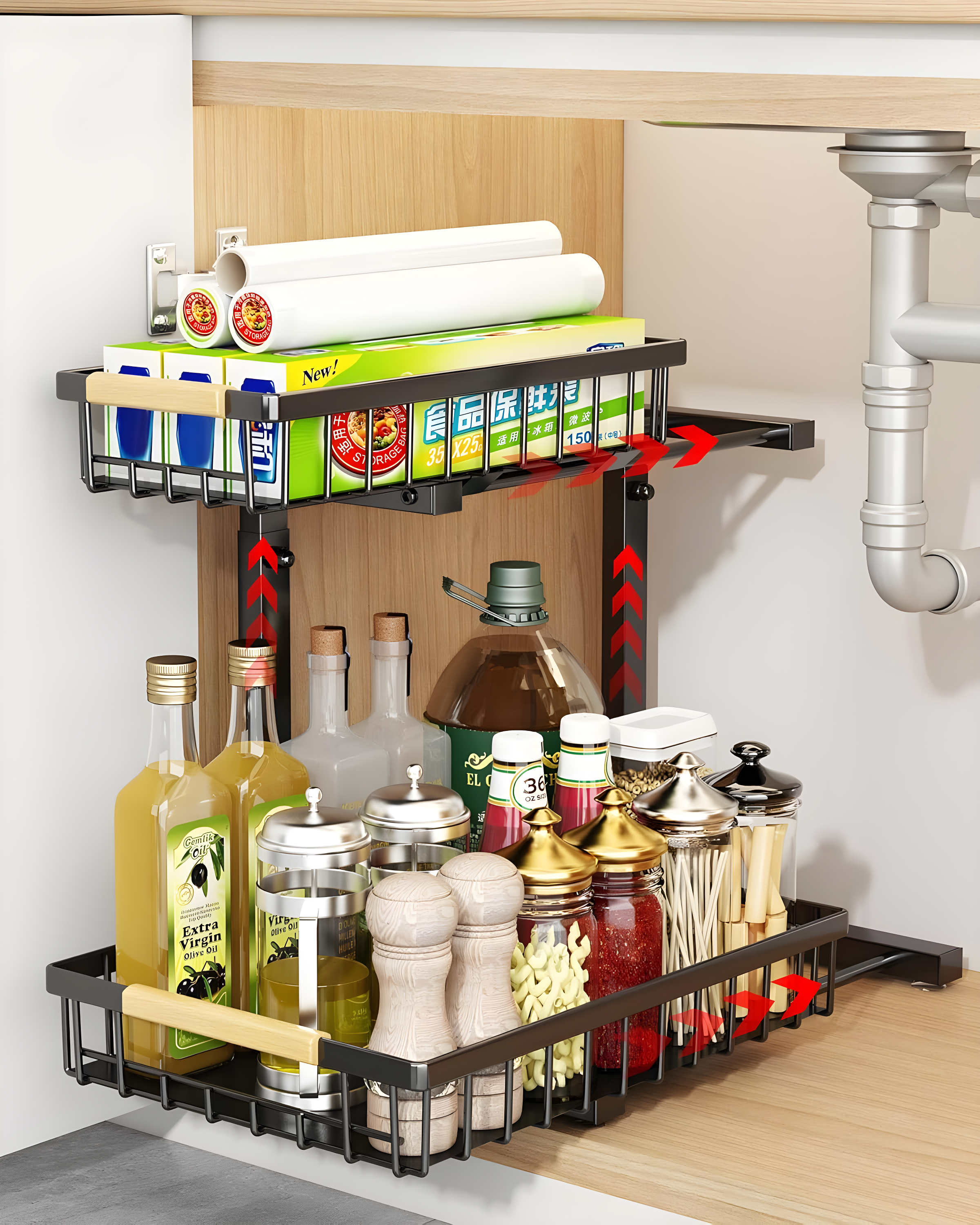 Rebrilliant Under Sink Organizer, 2 Tier Under Sink Organizers And Storage, Metal Slide Out Pull Out Cabinet Organizer ,2 Pack Sliding Drawer Organizer For Kitchen Bathroom Pantry