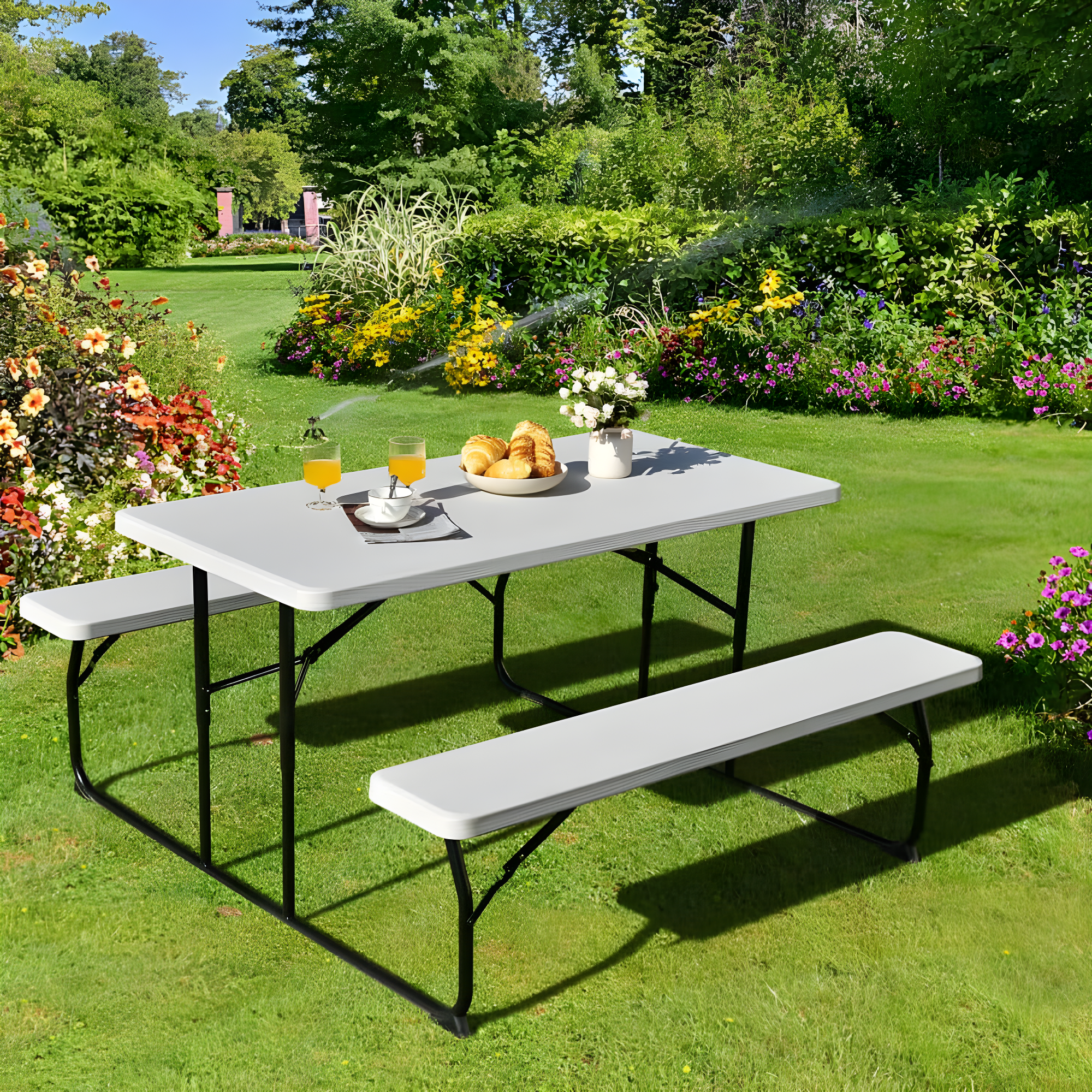 Topcobe Indoor and Outdoor Folding Picnic Table Bench Set with Wood-like Texture, Outdoor Patio Furniture for Balcony Garden Backyard-White