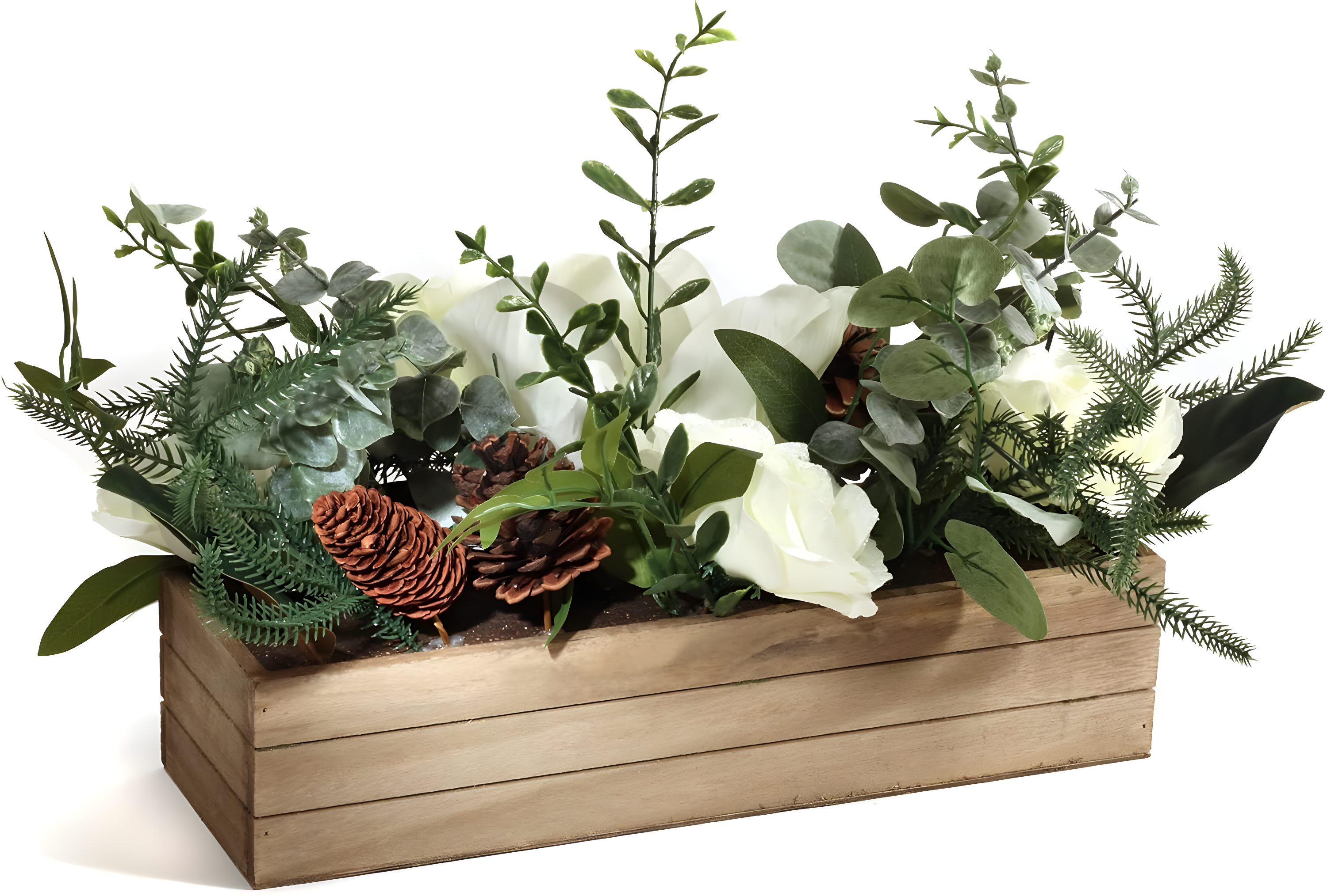 National Tree Company Artifical  Christmas Centerpiece, Green, Mixed Leaves and Magnolia, Pine Cones, White Roses, Wooden Planter Box, 23 Inch