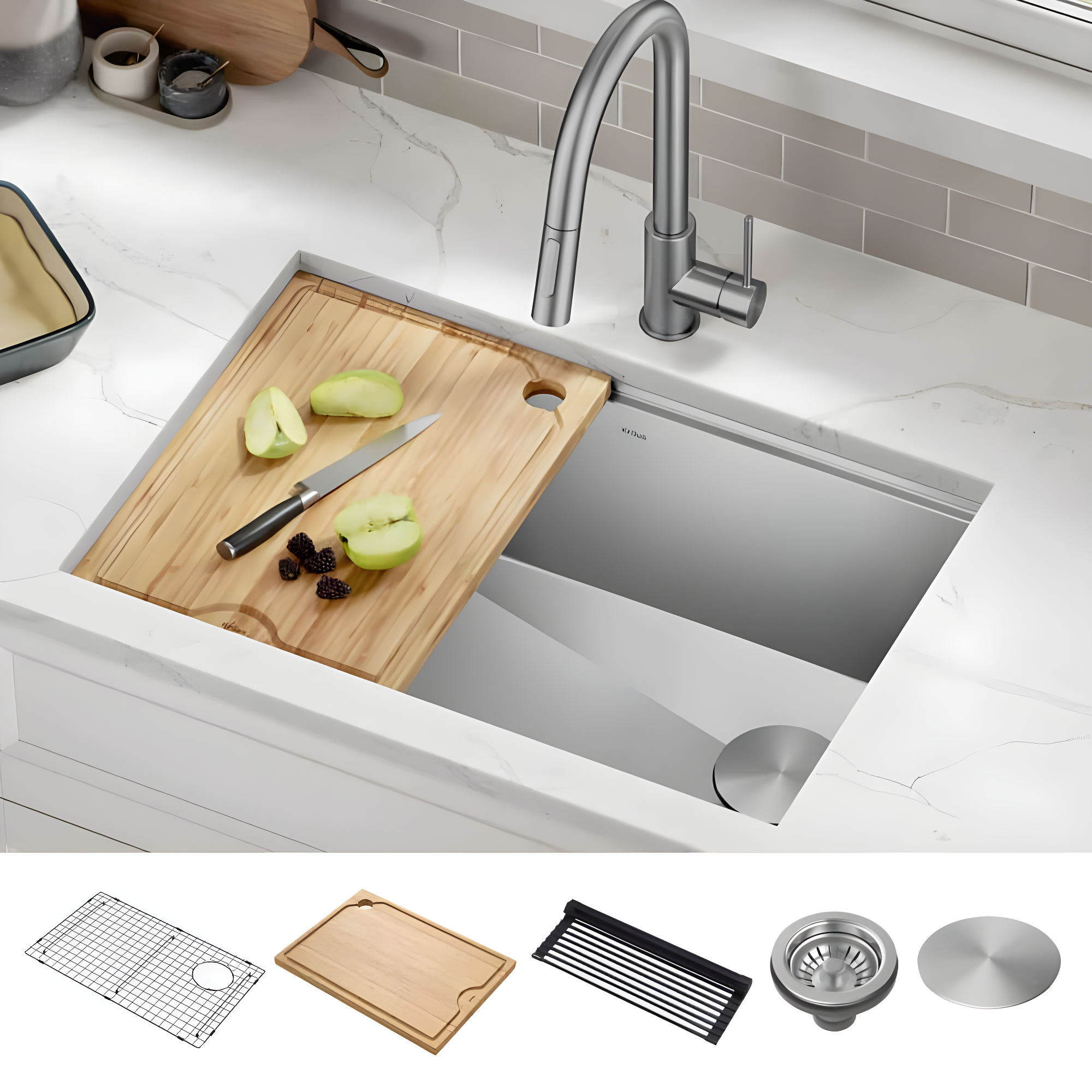 KRAUS Kore™ 28" L Undermount Workstation 16 Gauge Stainless Steel Single Bowl Kitchen Sink with Accessories