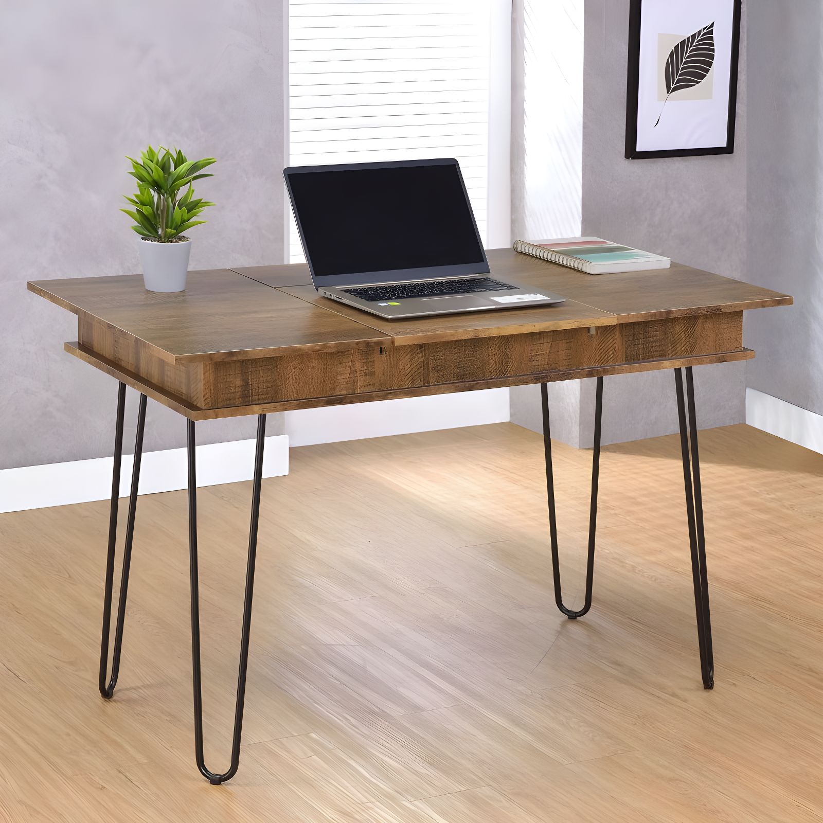 Sheeran Storage Writing Desk with Hairpin Legs Rustic Amber - Coaster: Industrial Style, Enclosed Cabinet, USB Ports