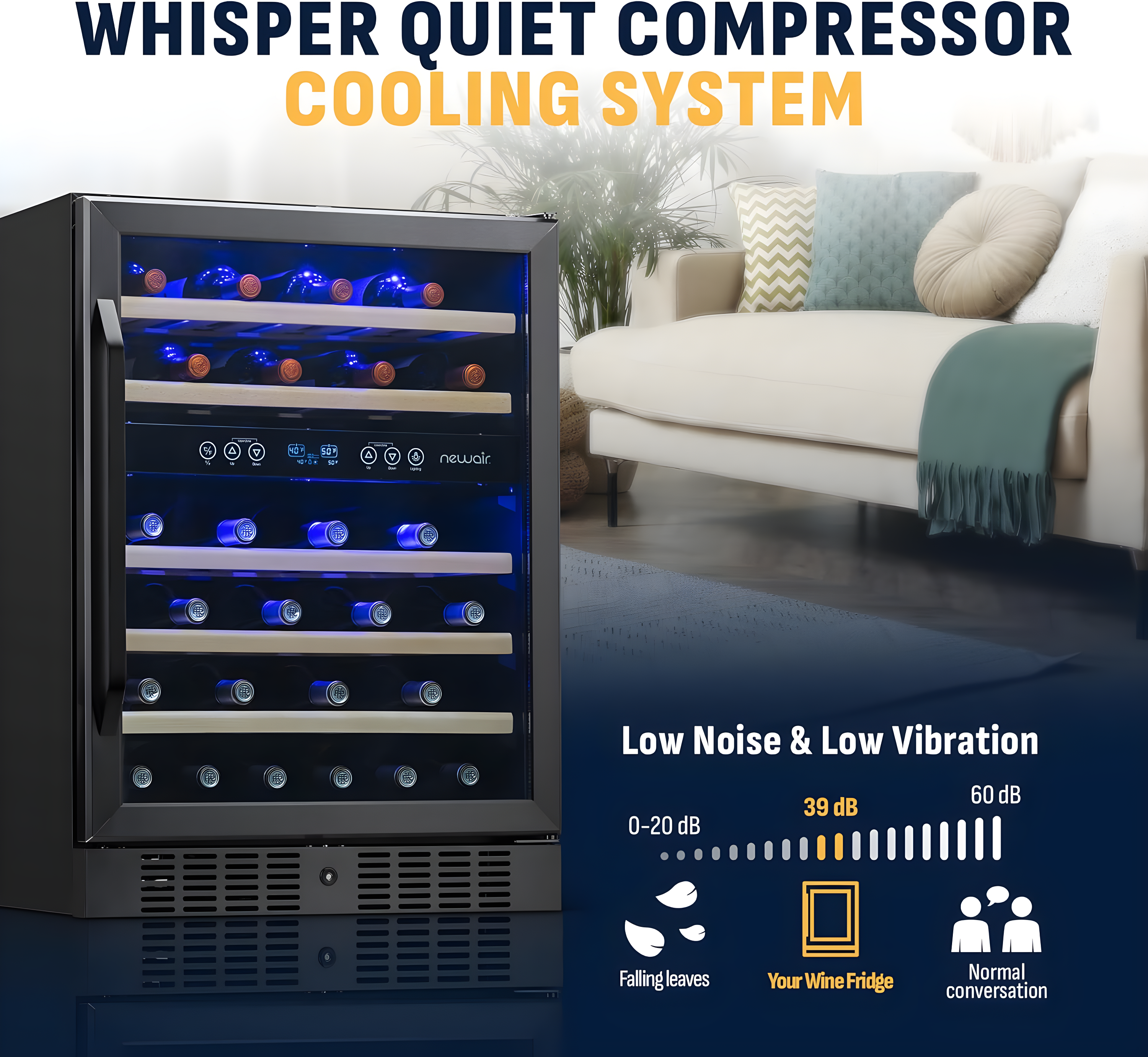 Newair 24” Built-in 46 Bottle Dual Zone Wine Cooler with Removable Beechwood Shelves in Black Stainless Steel