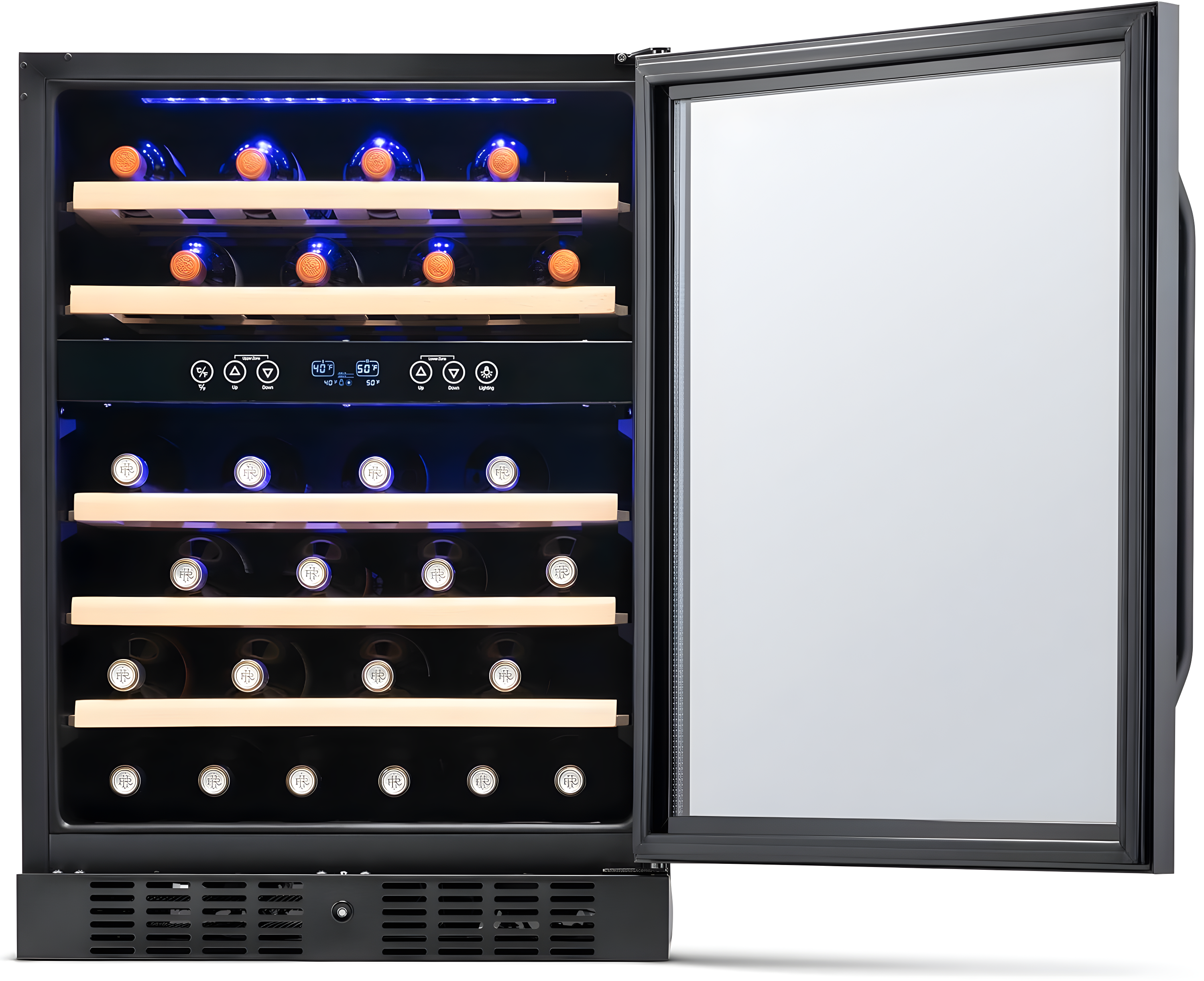 Newair 24” Built-in 46 Bottle Dual Zone Wine Cooler with Removable Beechwood Shelves in Black Stainless Steel