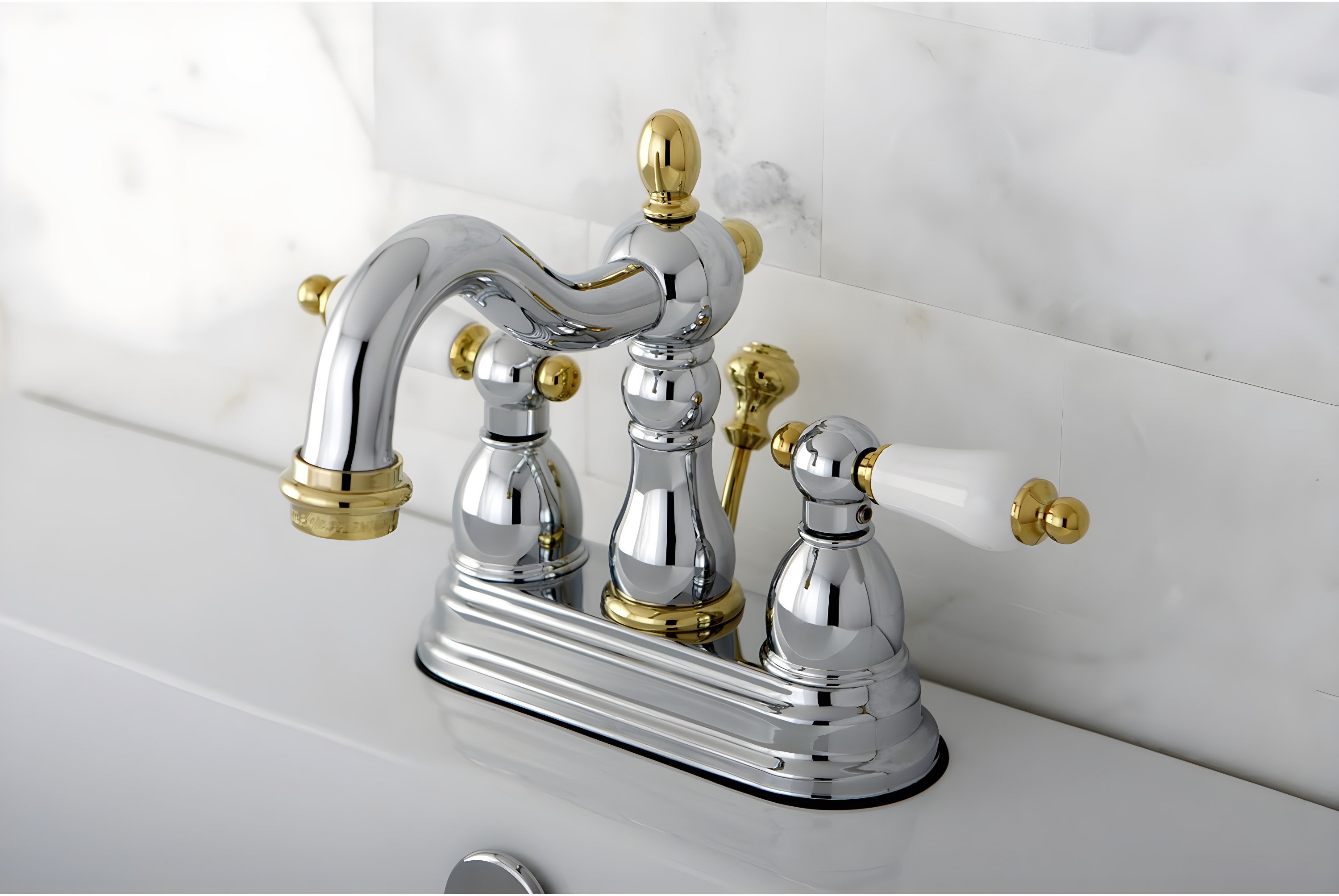 Kingston Brass Heritage Two-Handle 3-Hole Deck Mount 4" Centerset Bathroom Faucet with Plastic Pop-Up