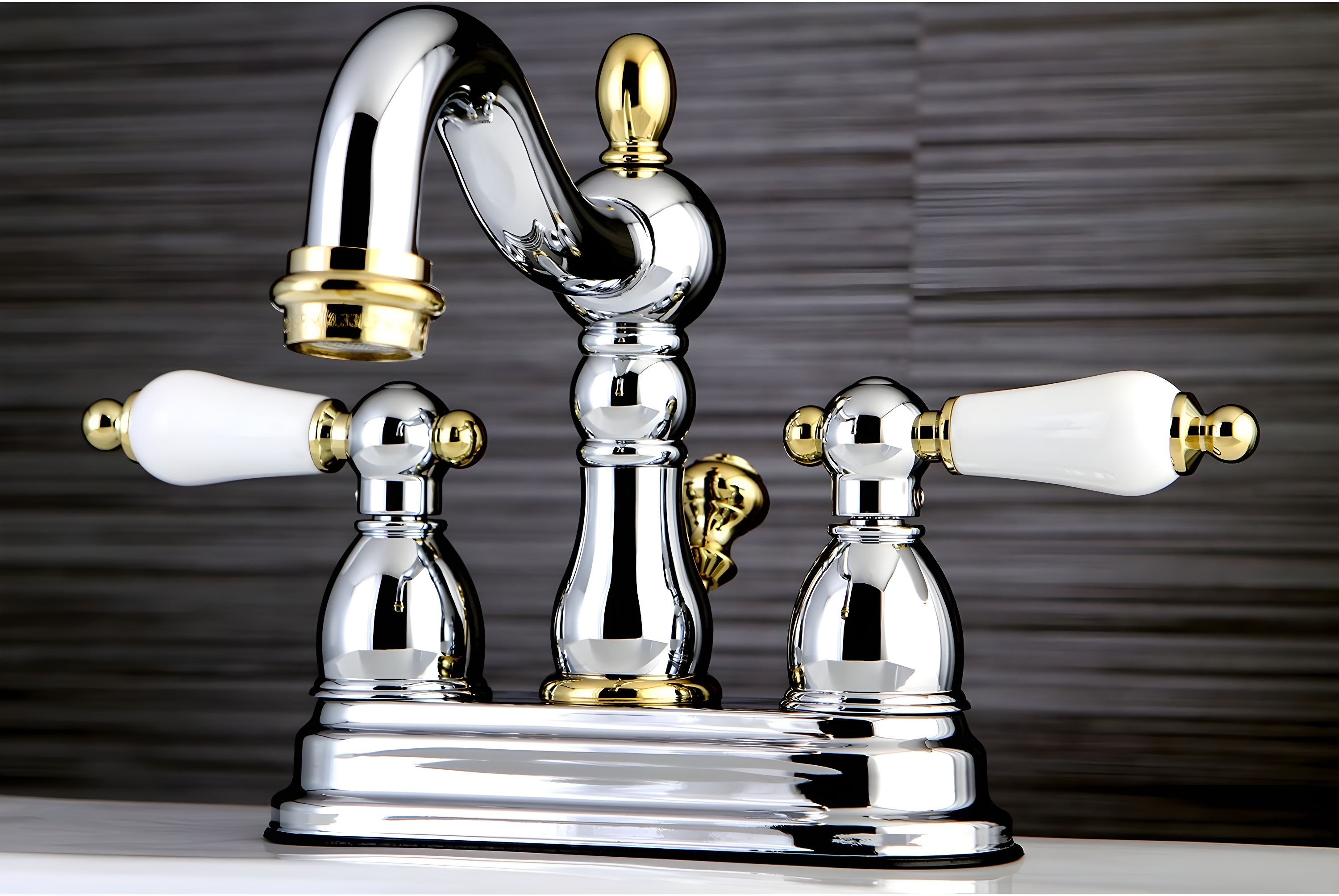 Kingston Brass Heritage Two-Handle 3-Hole Deck Mount 4" Centerset Bathroom Faucet with Plastic Pop-Up