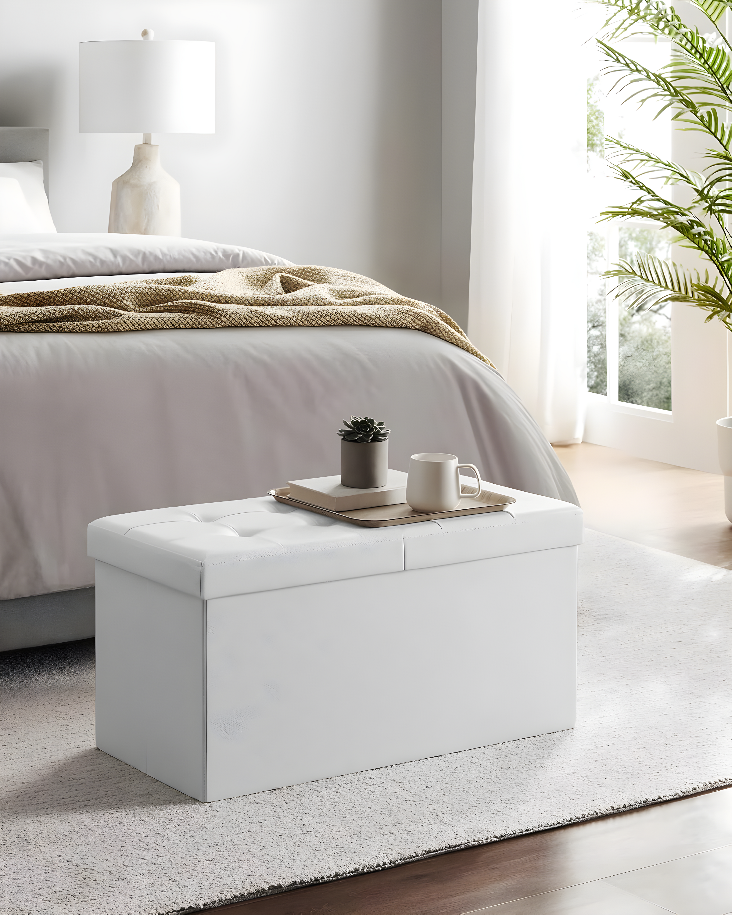 SONGMICS 30 Inches Folding Storage Ottoman Bench with Flipping Lid White