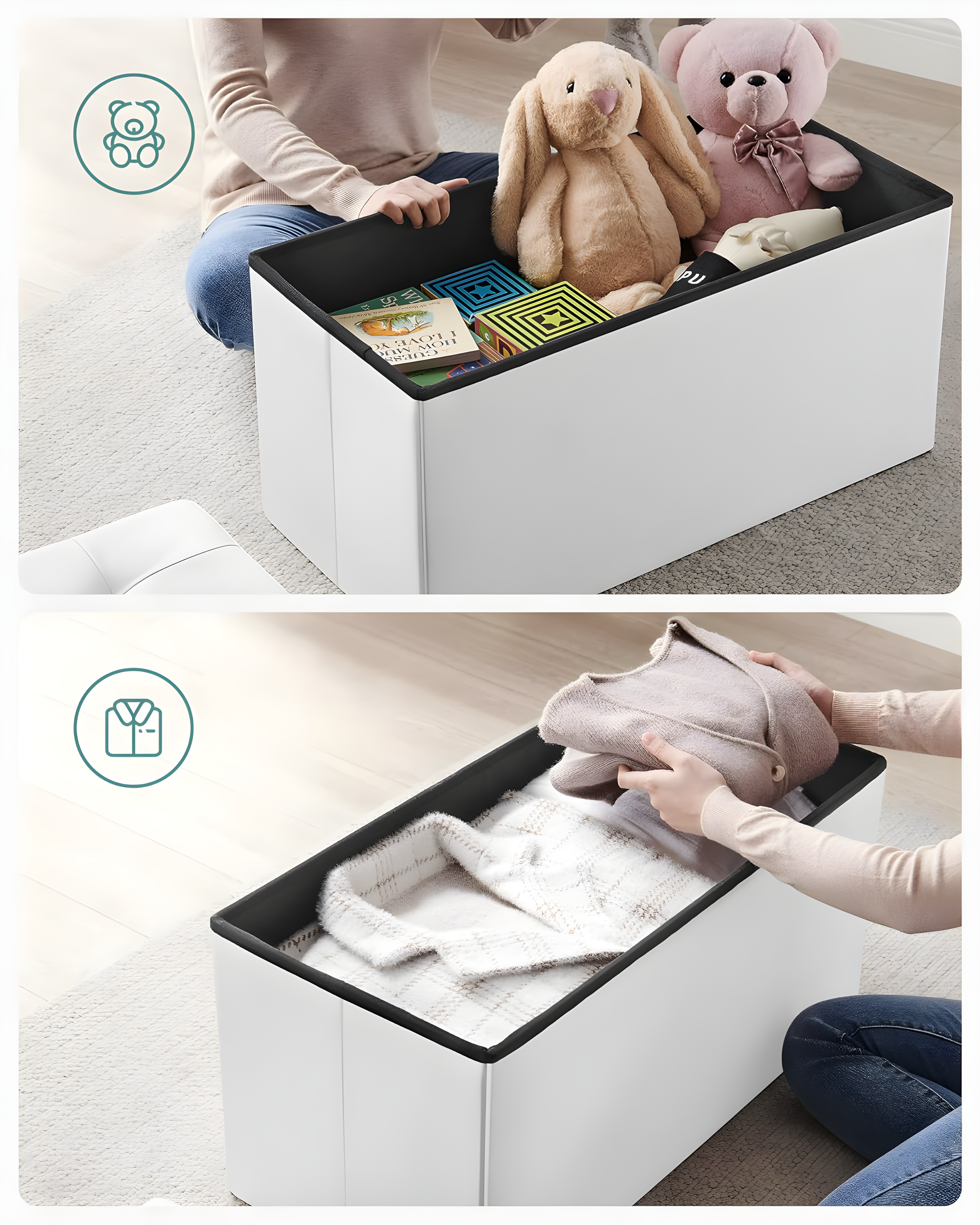 SONGMICS 30 Inches Folding Storage Ottoman Bench with Flipping Lid White