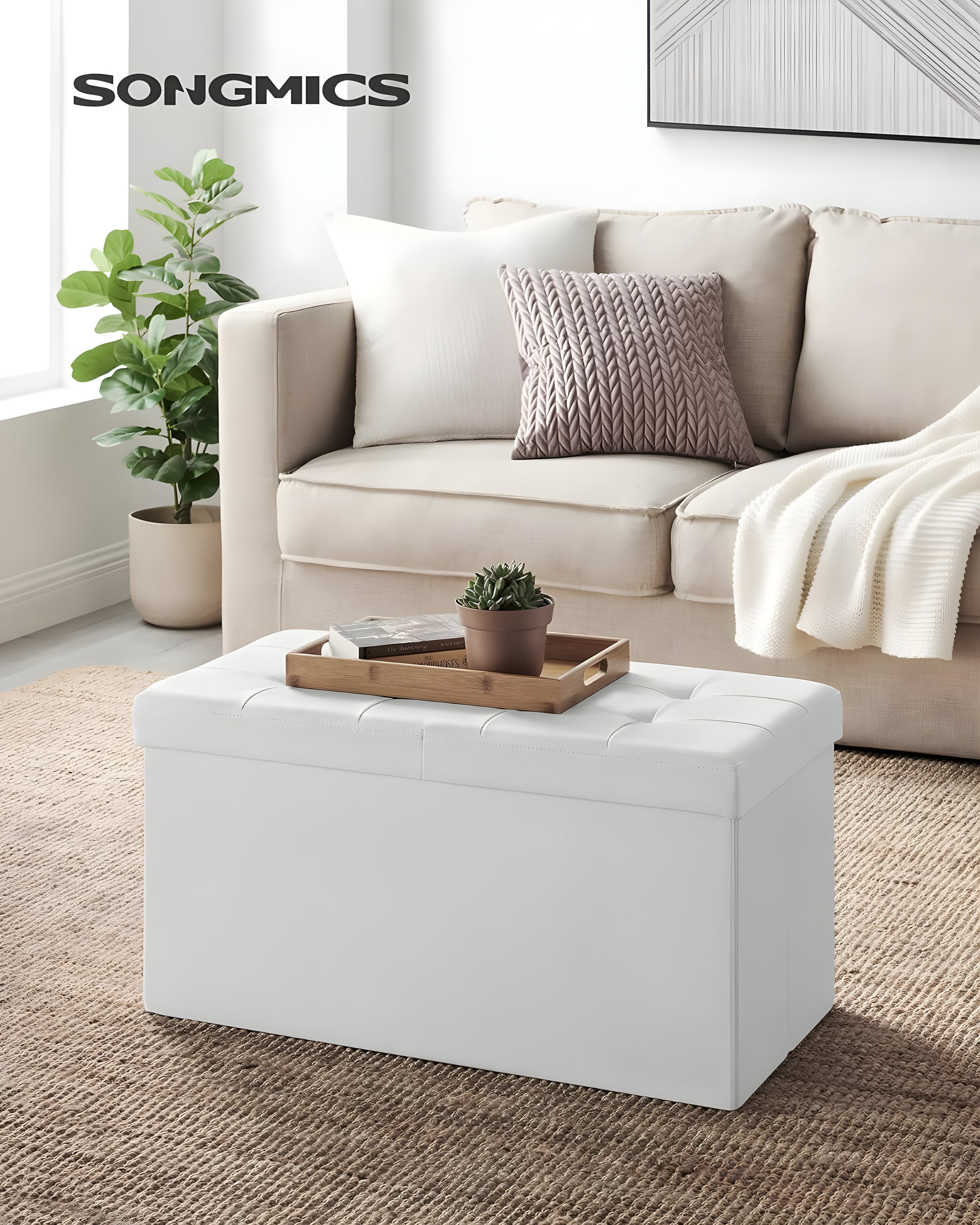 SONGMICS 30 Inches Folding Storage Ottoman Bench with Flipping Lid White