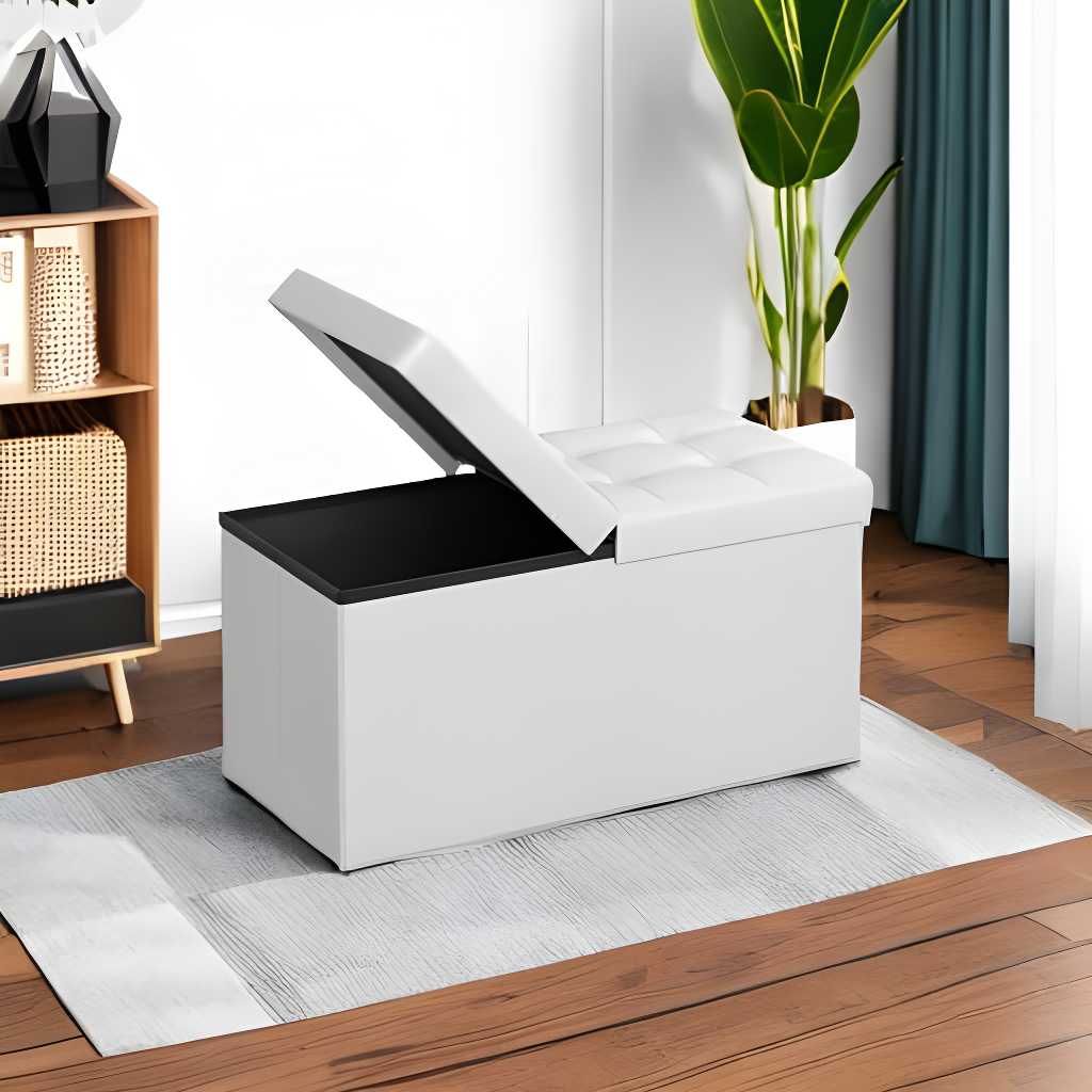 SONGMICS 30 Inches Folding Storage Ottoman Bench with Flipping Lid White