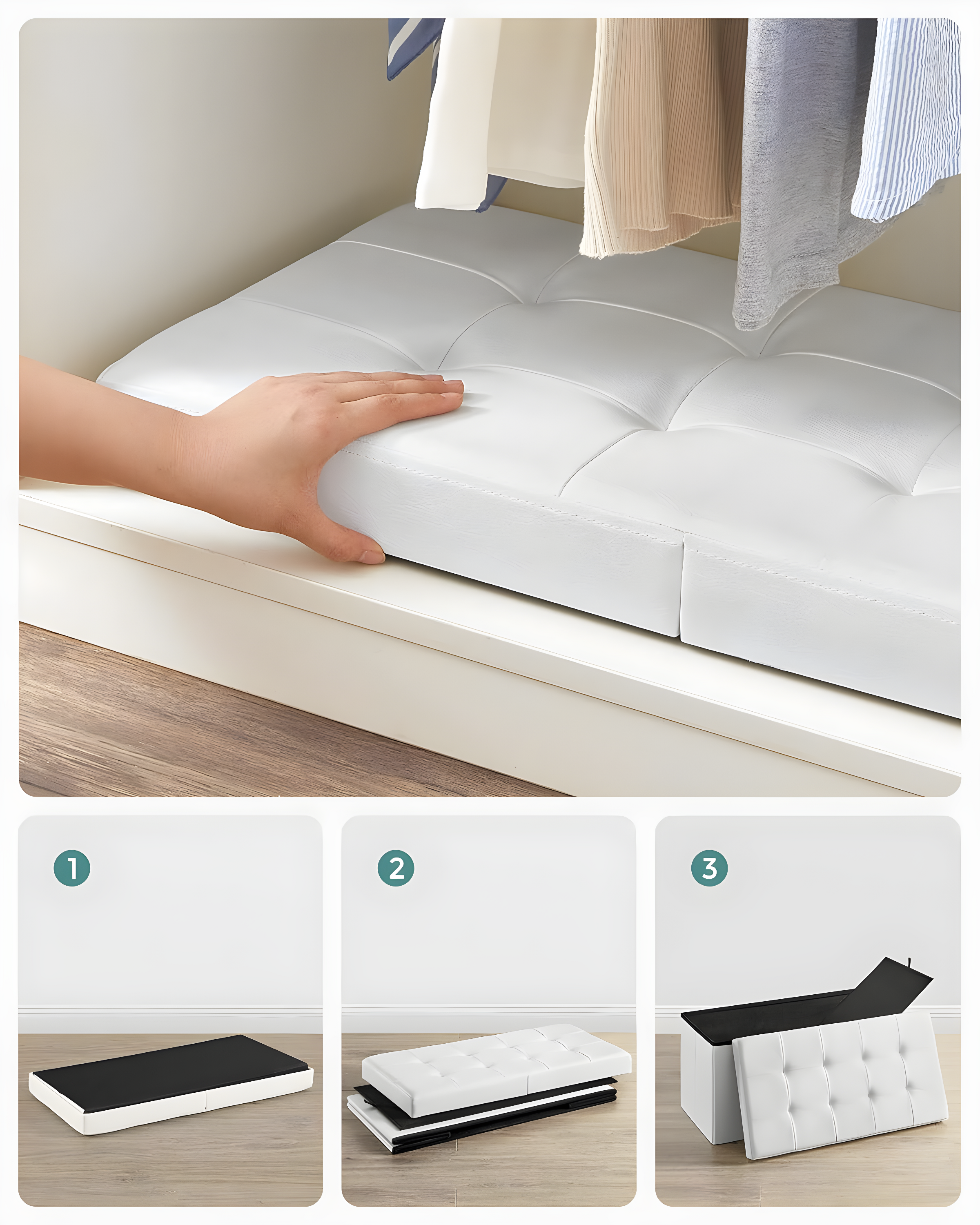 SONGMICS 30 Inches Folding Storage Ottoman Bench with Flipping Lid White