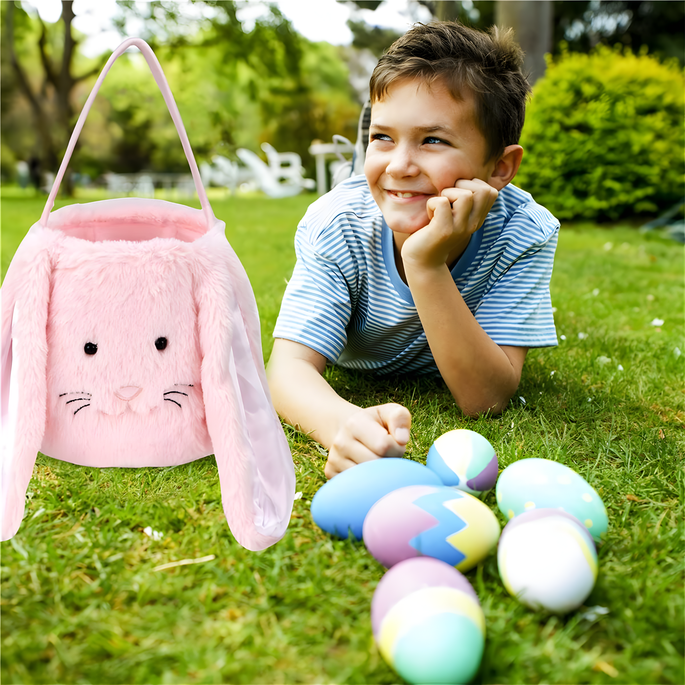 Easter Bunny Tote Bag, Cute Fuzzy Rabbit Ears Soft Plush Candy Handle Bag Eggs Basket Gift Bag for Kids Holiday Decorations