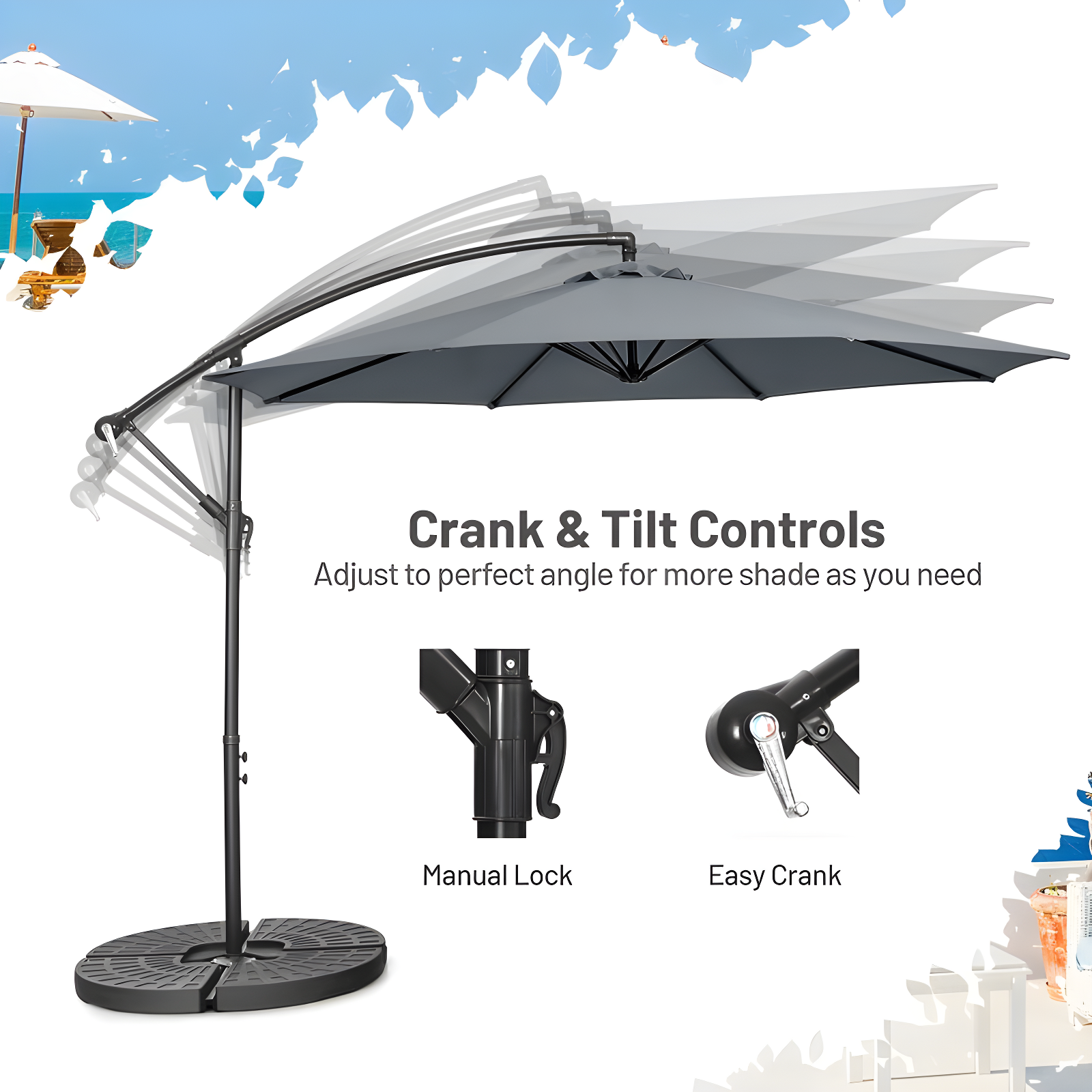 Costway  10 FT Patio Offset Umbrella w/8 Ribs Cross Base Tilt Grey