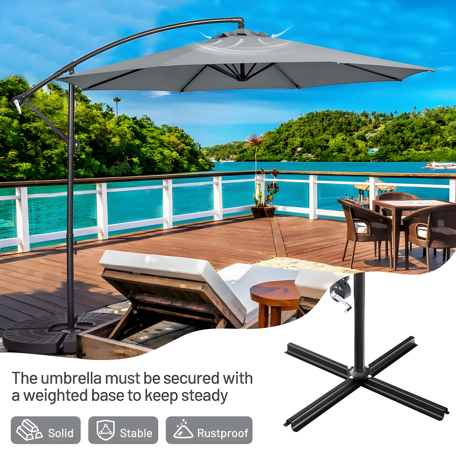 Costway  10 FT Patio Offset Umbrella w/8 Ribs Cross Base Tilt Grey