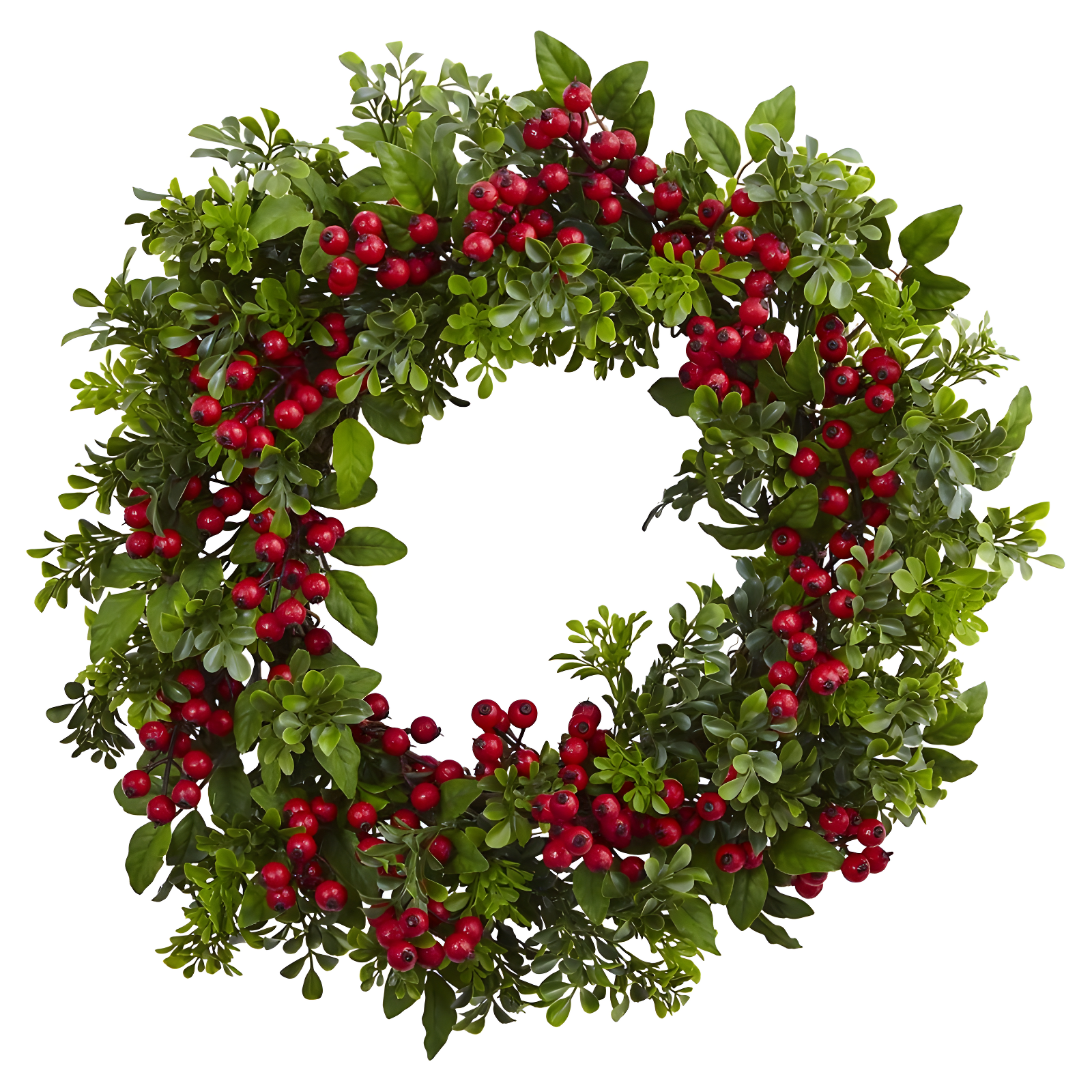 Nearly Natural Berry Boxwood Wreath 24": Faux Polyester & Plastic, Indoor Wall Decor, Unlit Winter Theme