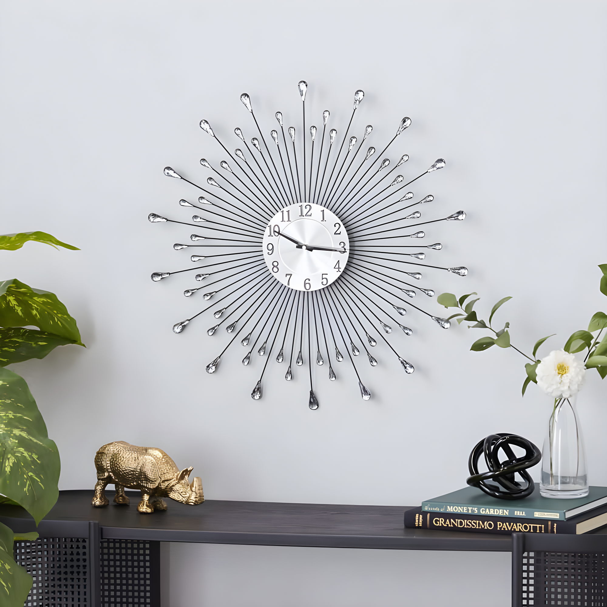 DecMode 23" Silver Metal Starburst Wall Clock with Crystal Embellishment