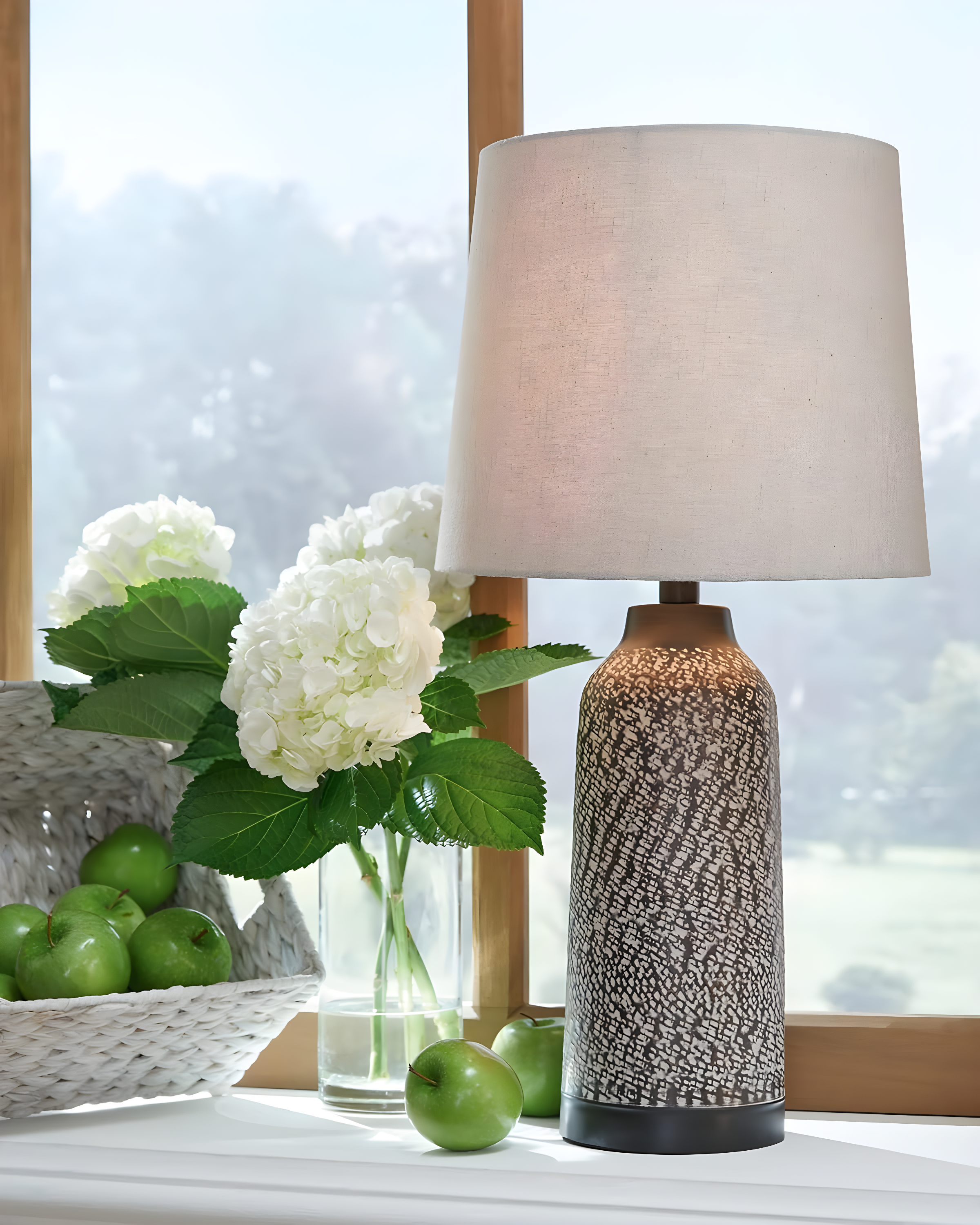 Signature Design by Ashley Lanson Table Lamps: Hammered Metal, Bronze Finish, Beige Shade, Set of 2