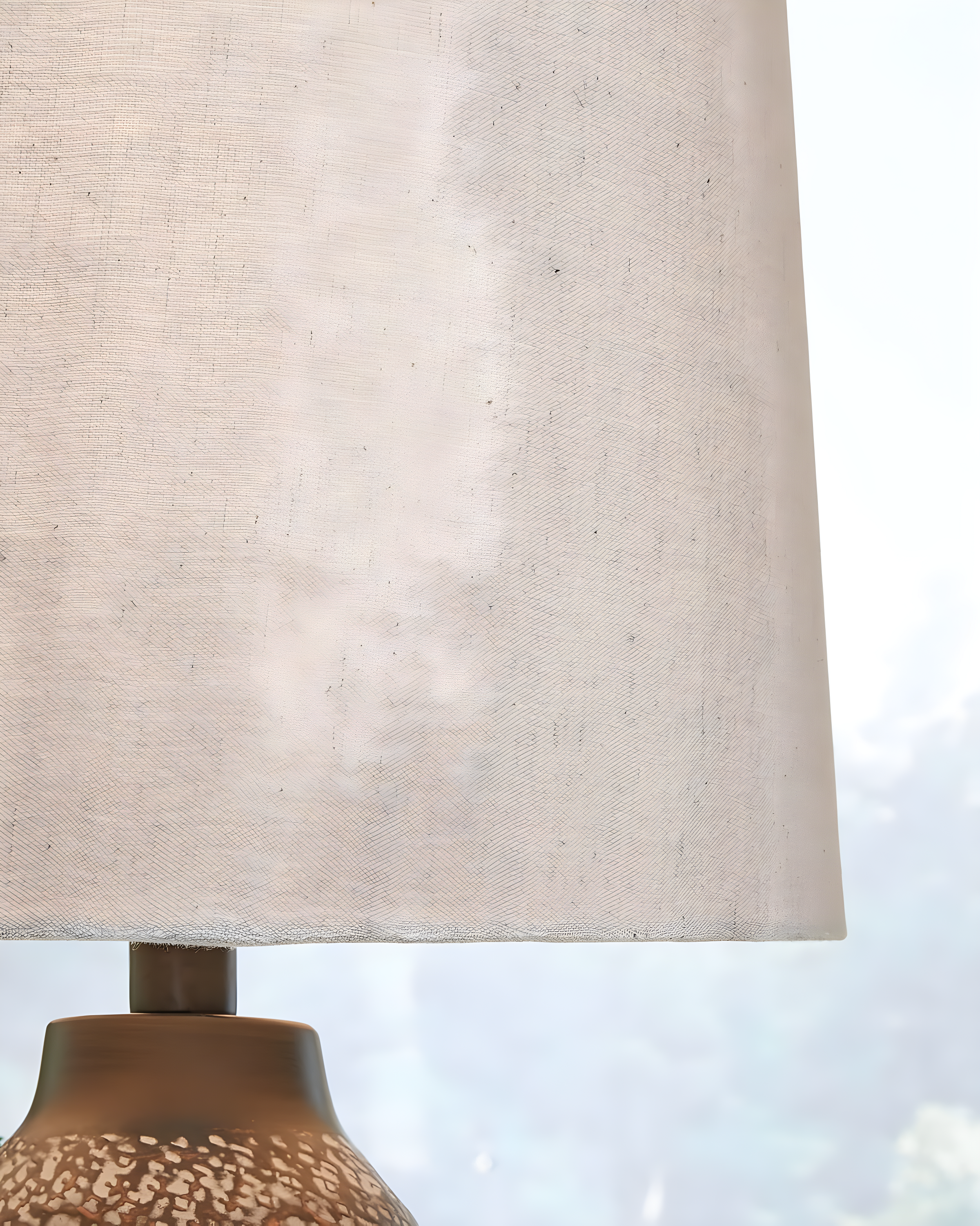 Signature Design by Ashley Lanson Table Lamps: Hammered Metal, Bronze Finish, Beige Shade, Set of 2