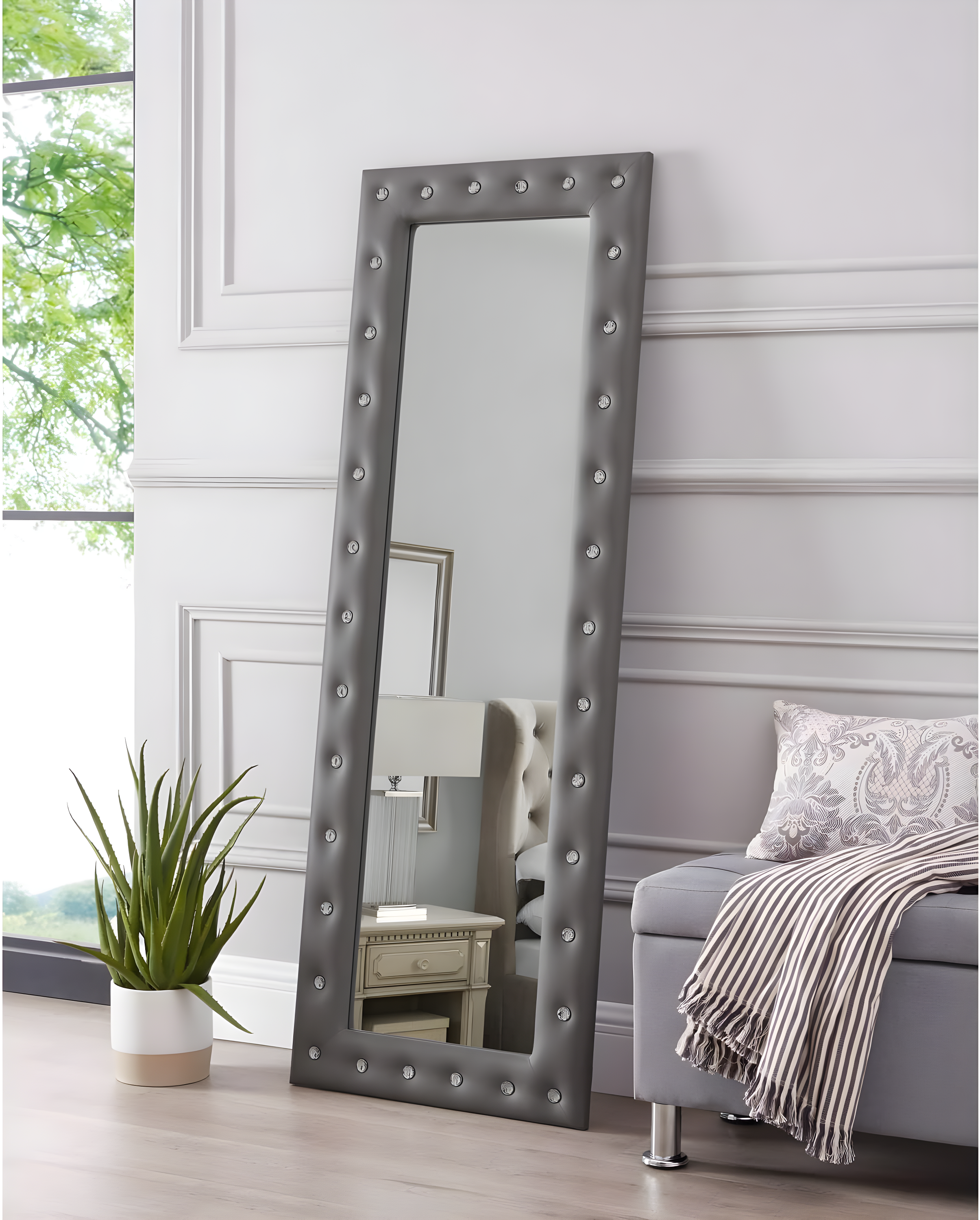 Naomi Home Crystal Tufted Floor Mirror Full Length, 63" LX22 W Wall Mirror, Standing Mirror,Wall Mirror with Faux Wood Frame, Full Length Mirrors for Bedroom - Gray