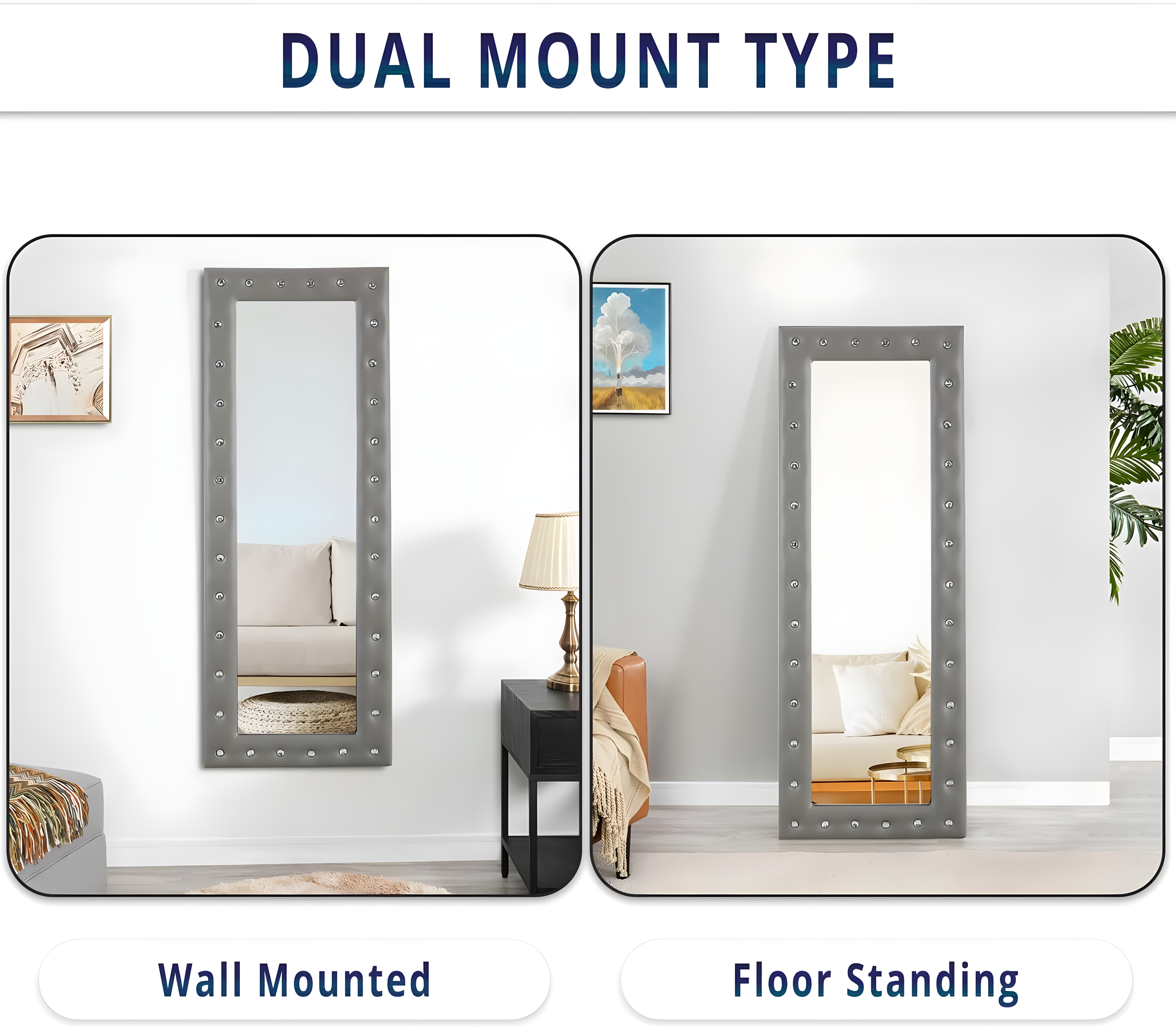 Naomi Home Crystal Tufted Floor Mirror Full Length, 63" LX22 W Wall Mirror, Standing Mirror,Wall Mirror with Faux Wood Frame, Full Length Mirrors for Bedroom - Gray